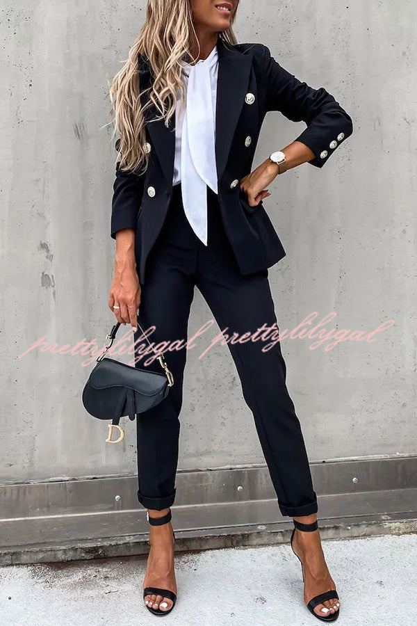 Stylish Women's Lapel Button Pocket Long Sleeve Blazer with Elastic Waist Pants Suit Set - Perfect for Office Wear, Business Meetings, and Formal Occasions