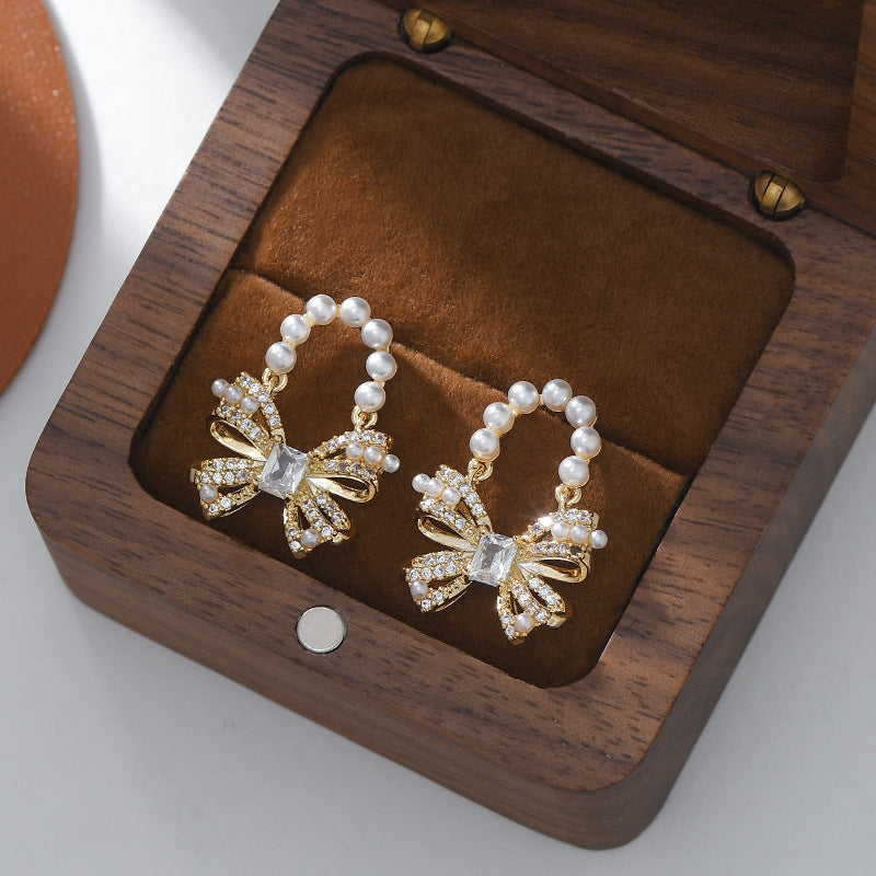 Sweet Pearl Bow Ribbon Drop Earrings for Women - Elegant Dangle Jewelry Gift for Brides, Prom, Party & Special Occasions | A7908