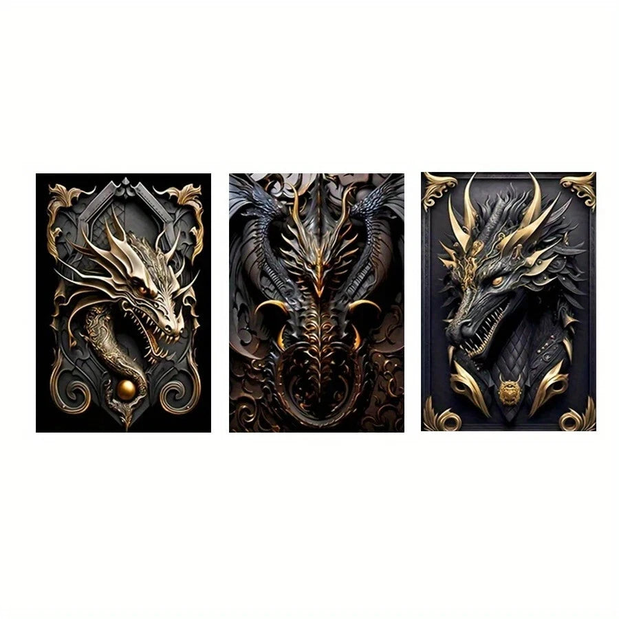 3-Piece Abstract Black and Gold Dragons Metal Wall Art - Ready to Hang Modern Home Decor for Living Room, Bedroom & Office