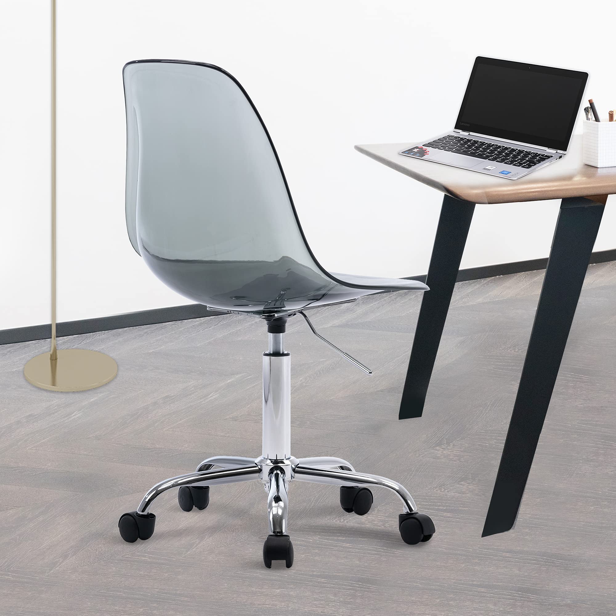 HOMEFUN Clear Acrylic Rolling Desk Chair - Armless Swivel Height Adjustable Ghost Plastic Office Chair with Wheels for Home & Vanity Use, Black - Perfect for Modern Workspaces & Beauty Stations
