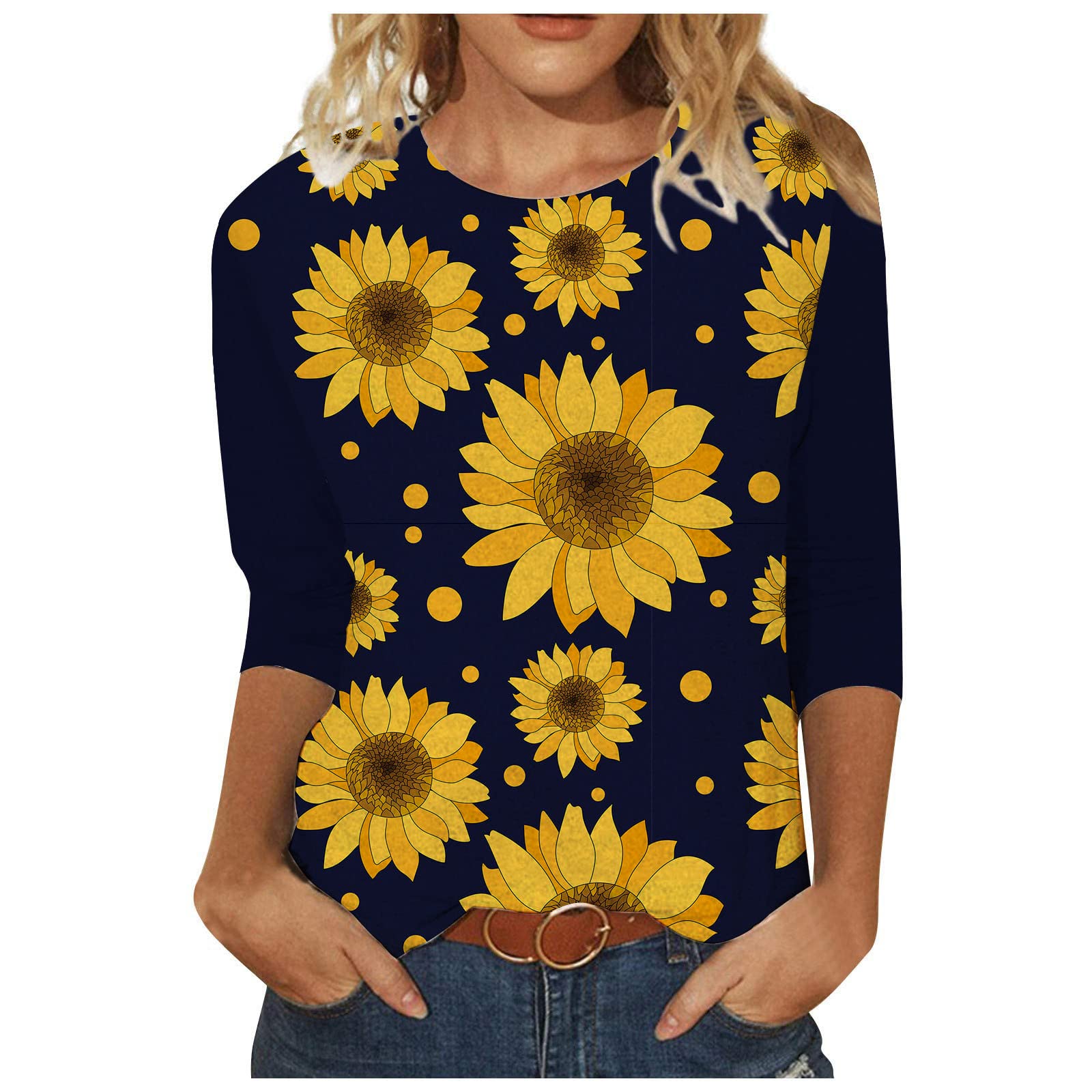 Bidobibo Women's Summer Fashion Crewneck T-Shirt - 3/4 Sleeve Sunflower Print Casual Top - Breathable Cotton Blouse for Outdoor, Beach & Daily Wear