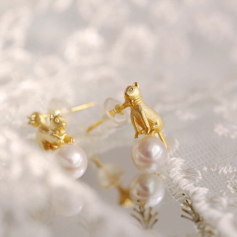 Asymmetric Cute Pearl Cat Stud Earrings for Women - Dainty Pet Jewelry Gift for Cat Lovers | Perfect for Parties, Date Nights & Everyday Wear | E002