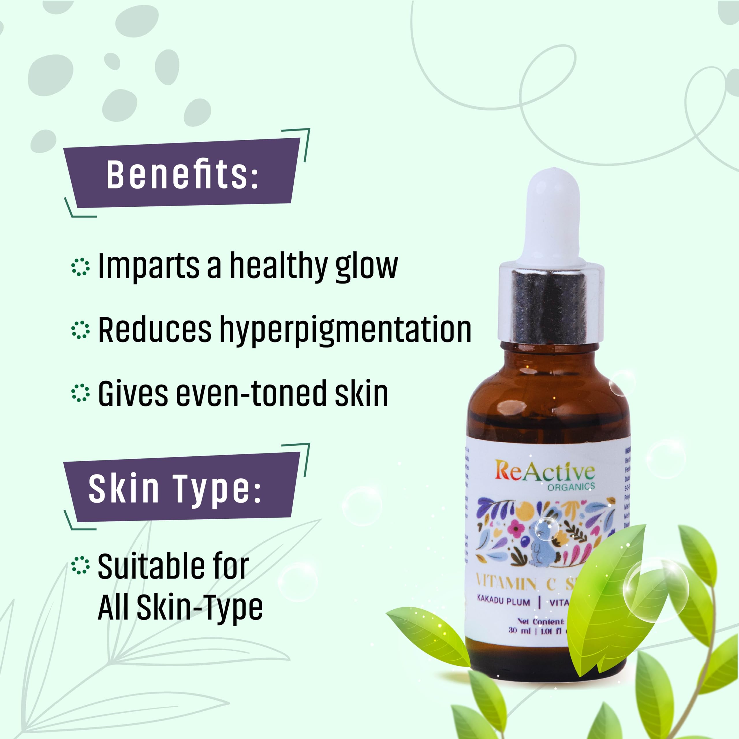 ReActive Organics Vitamin C Serum with Kakadu Plum & EAA - Anti-Aging Face Serum for Radiant Skin, 30ml | Brightening & Hydrating Facial Treatment for Day & Night Use