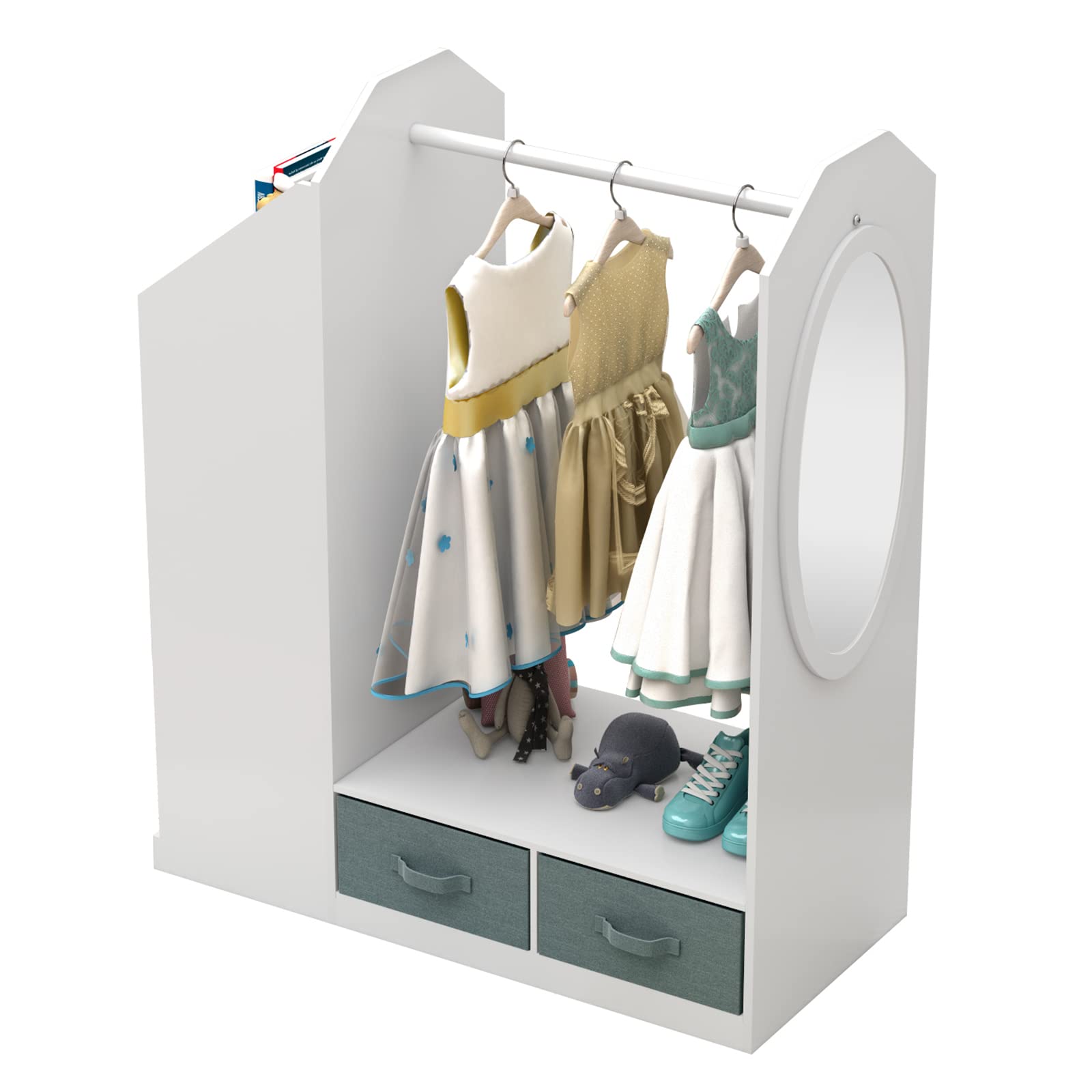 Kids Costume Organizer & Dress Up Storage Rack with Mirror & Storage Bin - Open Hanging Play Armoire Dresser for Pretend Play & Toy Organization - Perfect for Bedroom, Playroom & Daycare Storage Solutions