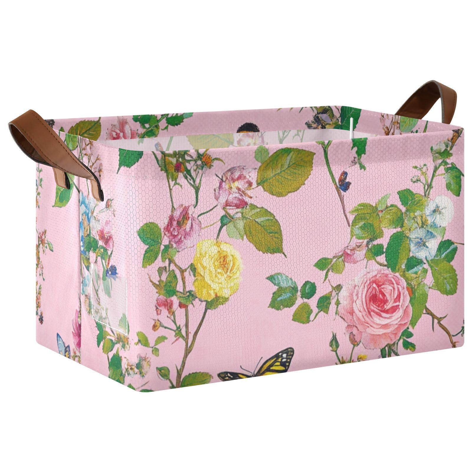 Sweet Rose Peach Flower Large Storage Baskets - 2 Pack Decorative Closet Organizer Bins with Handles for Shelves, Cupboards & Drawers | Perfect for Bedroom, Bathroom & Laundry Room Organization