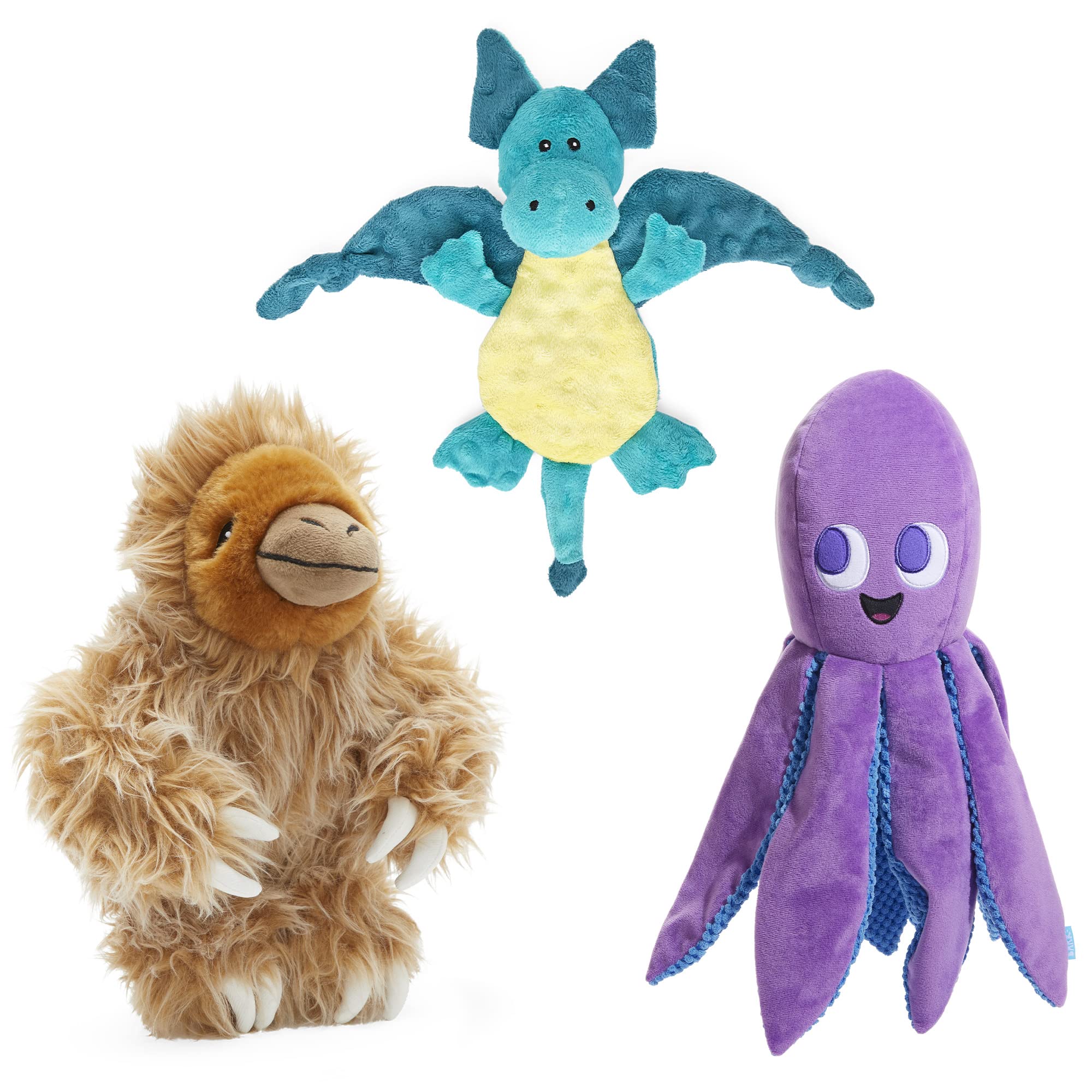 Best BarkBox Bundle for Dogs - Squeaky Plush Chew Toys for Small, Medium & Large Breeds - Gordon The Sloth, Dingbert The Dragon & Ollie The Octopus - Perfect for Playtime, Training & Gifts