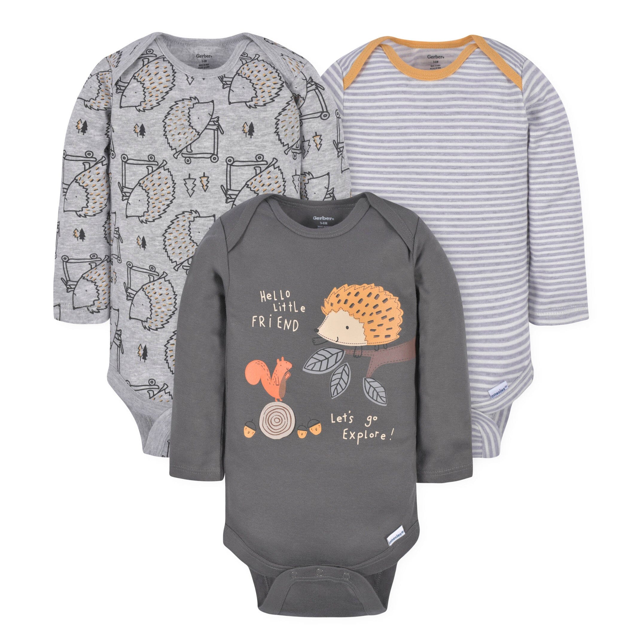 3 Pack Baby Boys Hedgehog Long Sleeve Onesies® Bodysuits - Soft Cotton Infant Rompers for Newborns & Toddlers - Perfect for Playtime, Daycare & Family Photos