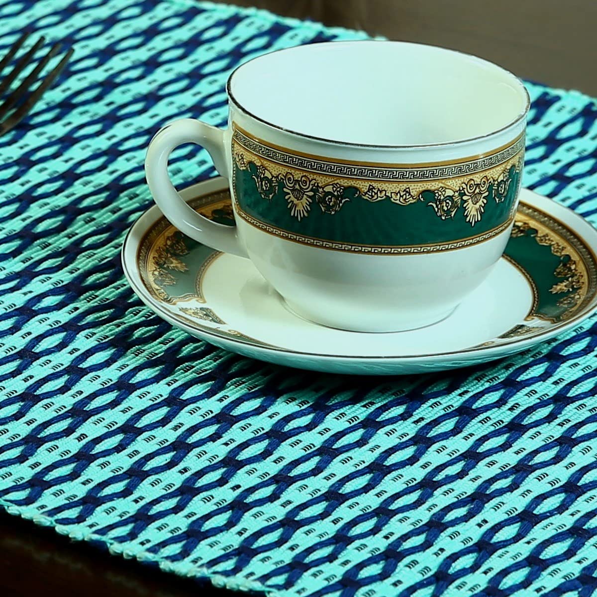 Premium Cotton Ribbed Hexagon Texture Placemats - Heat-Resistant Dining Table Mats & Bedside Table Mats (Set of 2, Blue & Green) - Perfect for Dinner Parties, Breakfast in Bed & Home Decor
