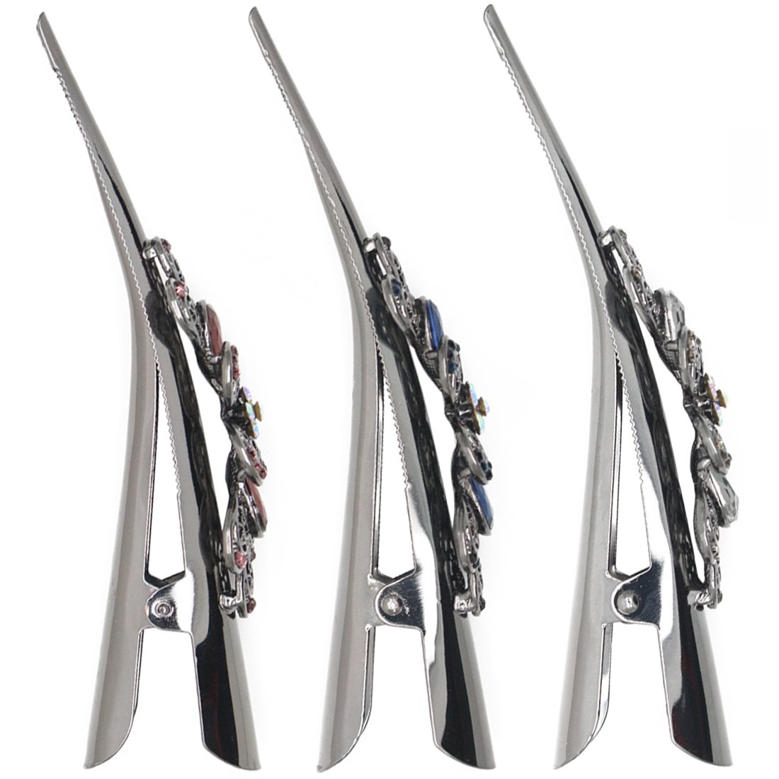HOLLIHI 3-Pack Large Metal Alligator Hair Clips for Women - Strong Non-Slip Hair Grips for Thick Hair, Silver Gray (Clover) | Perfect for Updos, Ponytails & Everyday Hairstyles