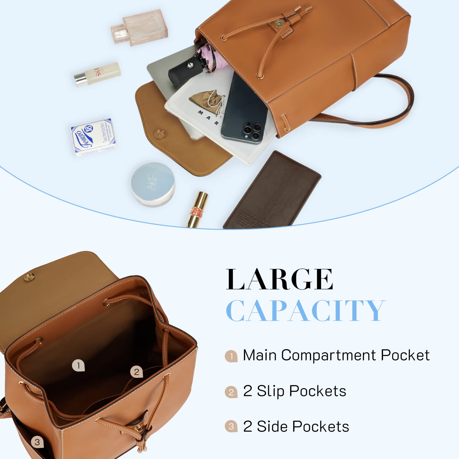 Missnine Women's Small PU Leather Backpack Purse - Fashionable Travel Bag & Casual Daypack for Work, School & Outings (Brown)