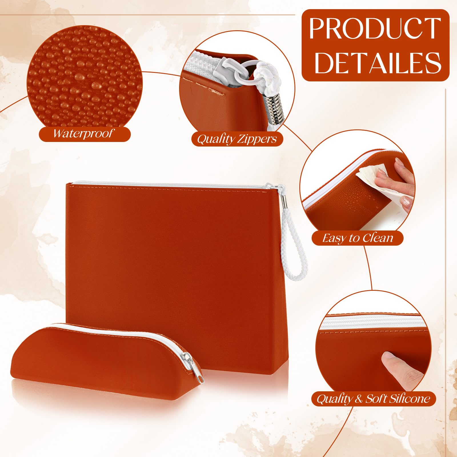 2 Pack Waterproof Silicone Makeup Bag with Zipper & Brush Holder - Travel Cosmetic Organizer for Toiletries, Makeup Tools | Perfect for Vacation, Gym, Business Trips (Brown)
