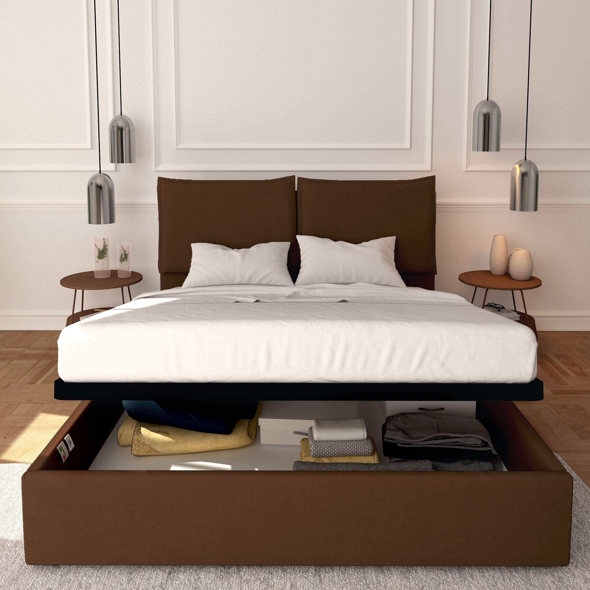 Baldiflex Licia Fabric Queen Size Bed Frame with Slatted Base, Storage Drawer & Padded Headboard - 160x200cm, Brown - Perfect for Master Bedrooms & Guest Rooms