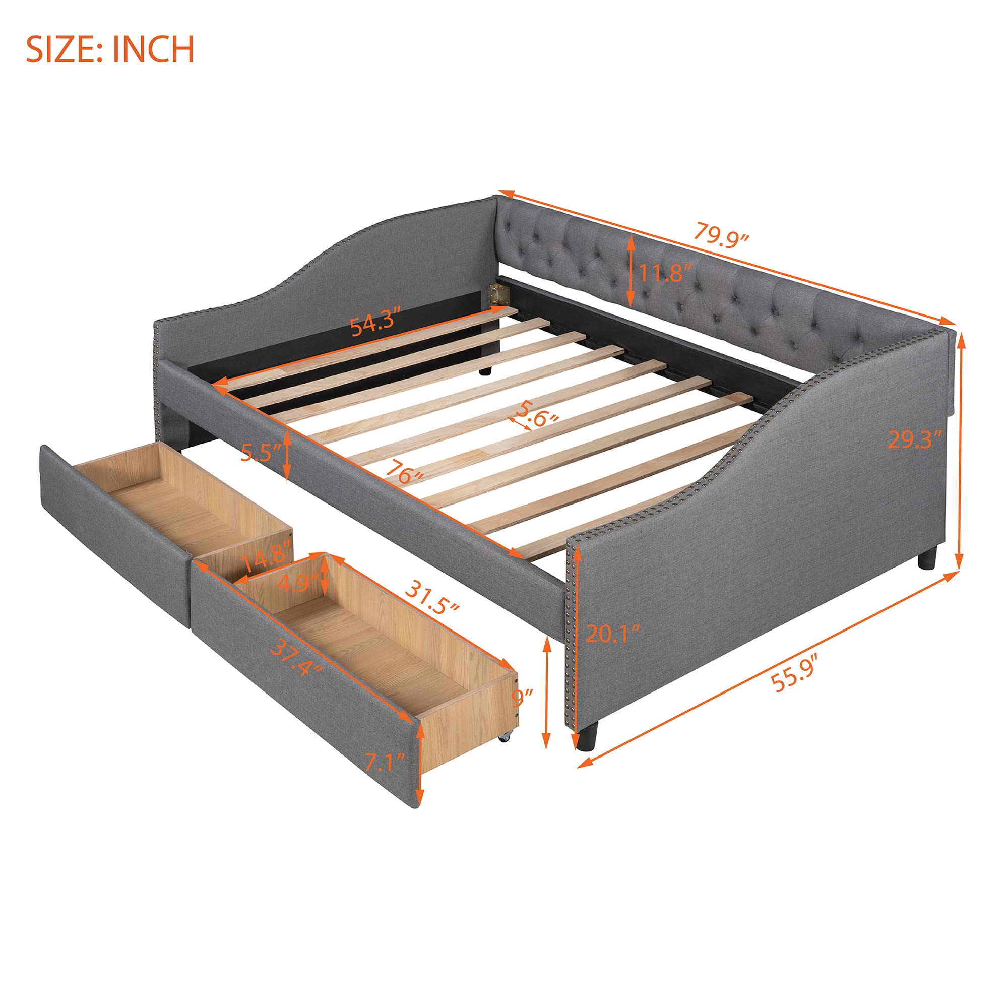 LZ LEISURE ZONE Full Size Upholstered Daybed with Storage Drawers & Wood Slat Support - Modern Gray Daybed for Guest Room, Dorm, or Small Space