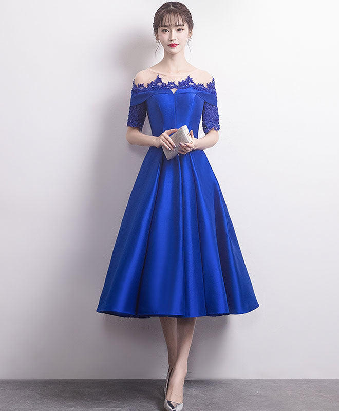 Elegant Blue Satin Lace Round Neck Prom Dress - Formal Evening Gown for Bridesmaids, Homecoming, and Special Occasions