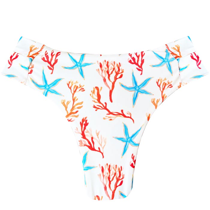 Brazilian White Starfish Print Wide Side Bikini Bottom - High Waisted Swimwear for Women, Beach Vacation & Pool Party Essentials