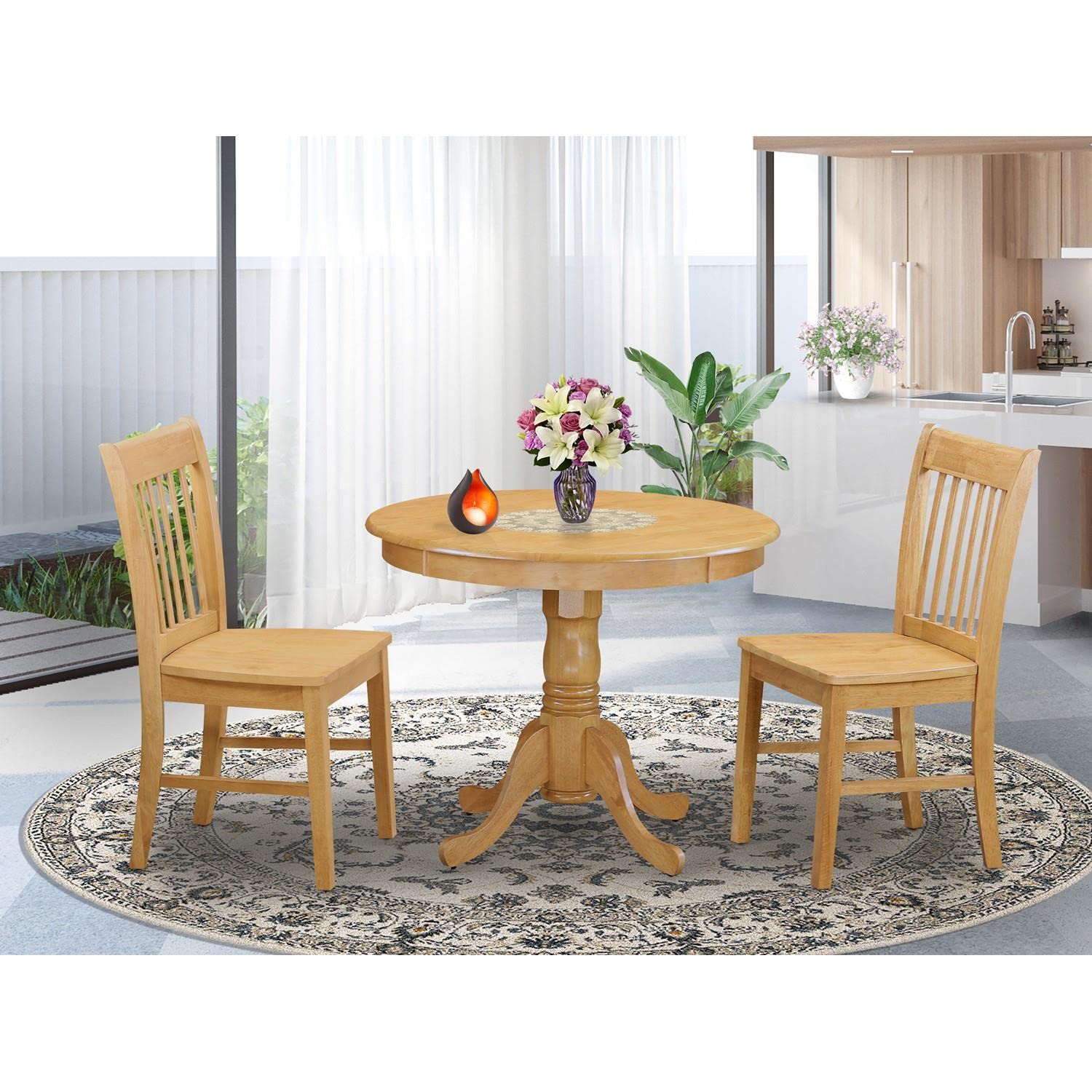 East West Furniture ANNO3-OAK-W 3 Piece Oak Dining Table Set with Pedestal Base and 2 Matching Chairs, 36x36 Inch Round Kitchen Table - Perfect for Small Spaces, Breakfast Nooks & Cozy Dining Areas