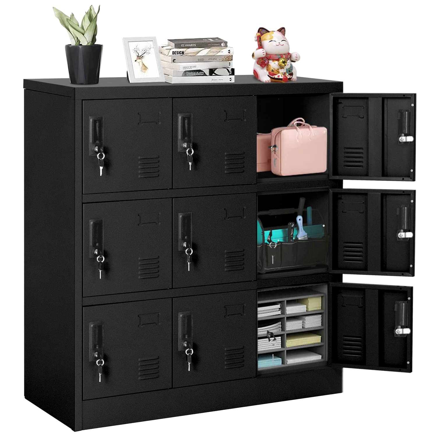 9-Door Black Metal Locker Cabinet - 3-Tier School & Office Storage with Ventilation Holes | Perfect for Employee Lockers, Kids Shoe Storage, Home, Gym & Playground Organization