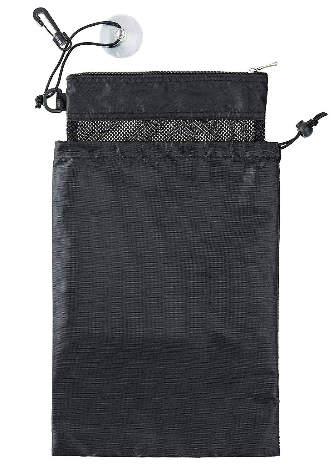 Waterproof Mesh Shower Caddy Organizer - 12”L x 9”W Hanging Toiletry Bag with Suction Cups & Drawstring Pouch (14”L x 10”W) - Compact Travel Shower Tote for Camping, Gym, Dorm & Beach Essentials - Black