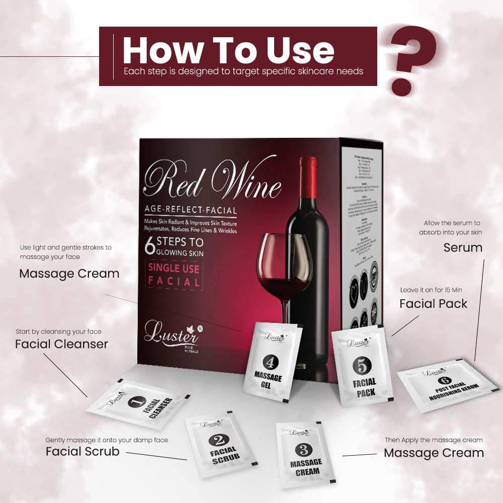 Luster Red Wine Facial Kit & Anti Acne Facial Kit | 6-Step Skincare Routine | Single Use Mini Facial Kit for Women & Men | Paraben & Sulfate Free (40g) | Perfect for Travel & Quick Glow Boosts
