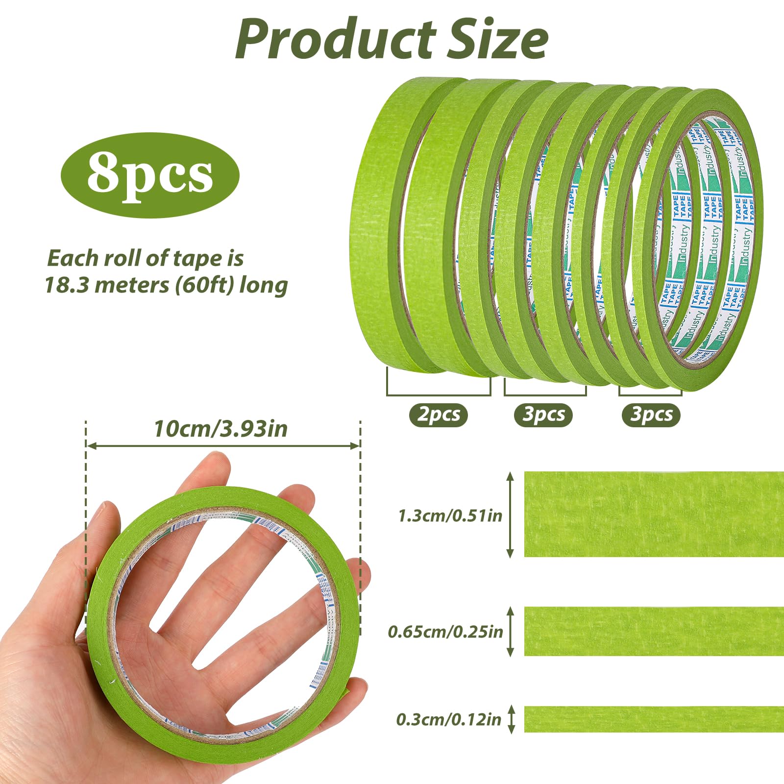 8 Rolls Pinstripe Tape Set - 1/8, 1/4, 1/2 Inch Thin Masking Tape for Painting, DIY & Auto Detailing | Green Painter's Tape for Walls, Boards & Automotive Projects | High Precision Adhesive Stripe Tape for Clean Lines & Professional Results