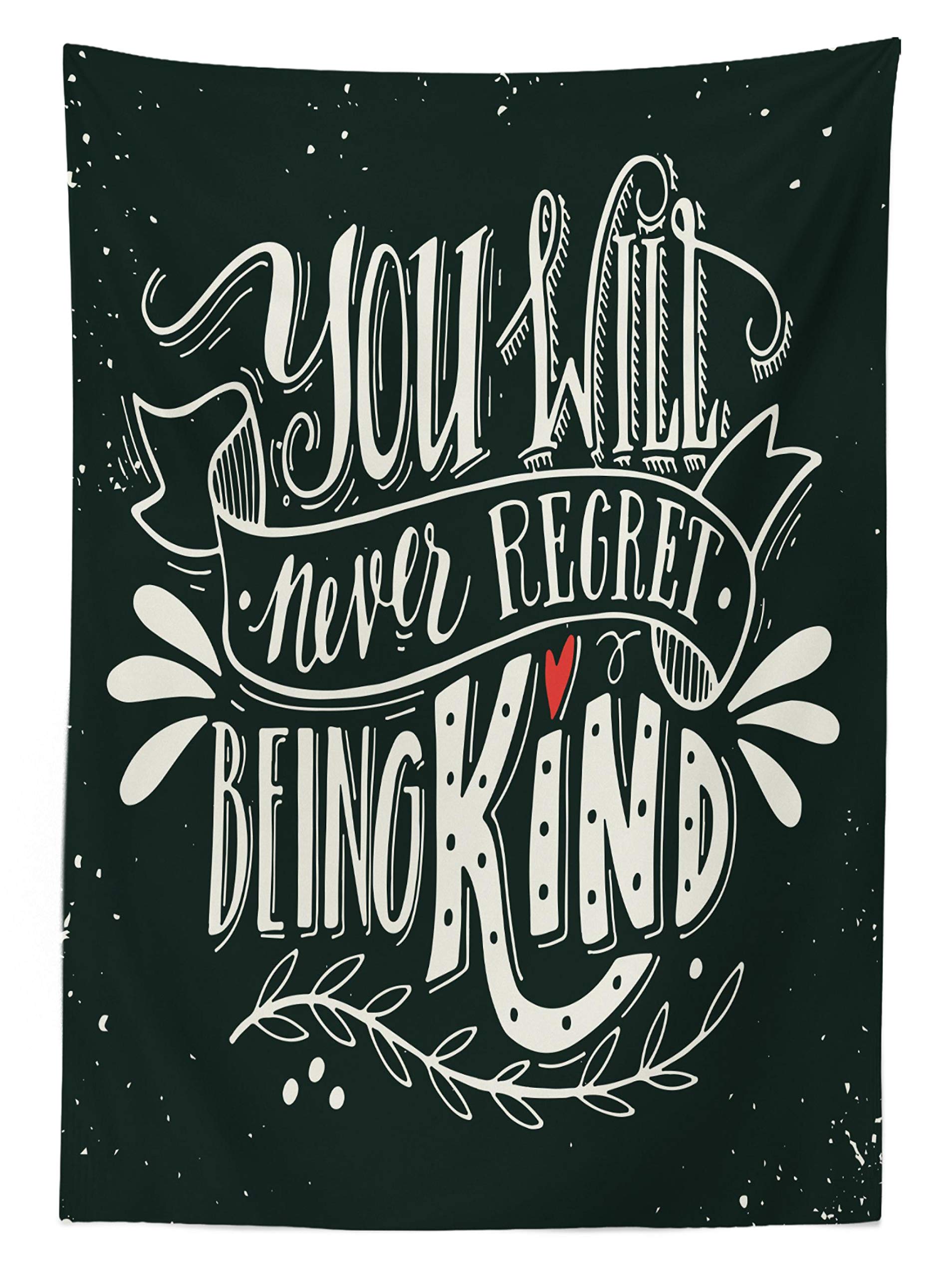 Ambesonne Inspirational Tablecloth - 'You Will Never Regret Being Kind' Handwritten Design on Ink Splatter Background, Washable Outdoor Picnic Table Cover, 58x120 Inches, Black Ivory Vermilion - Perfect for BBQs, Garden Parties & Picnics