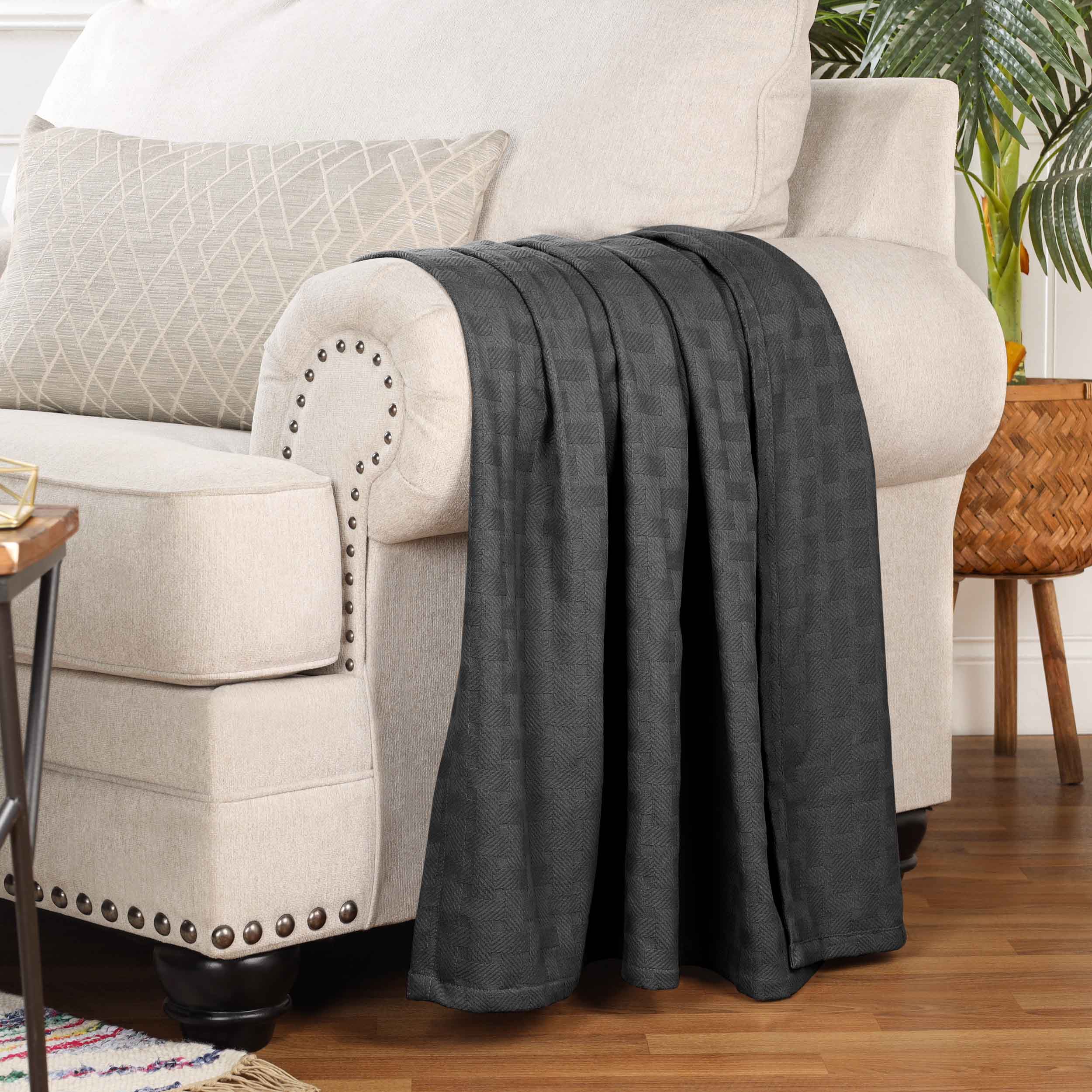 Soft Basketweave All-Season Cotton Bed Blanket & Sofa Throw - Lightweight Breathable Blanket for Bedroom, Living Room, Travel and Outdoor Use
