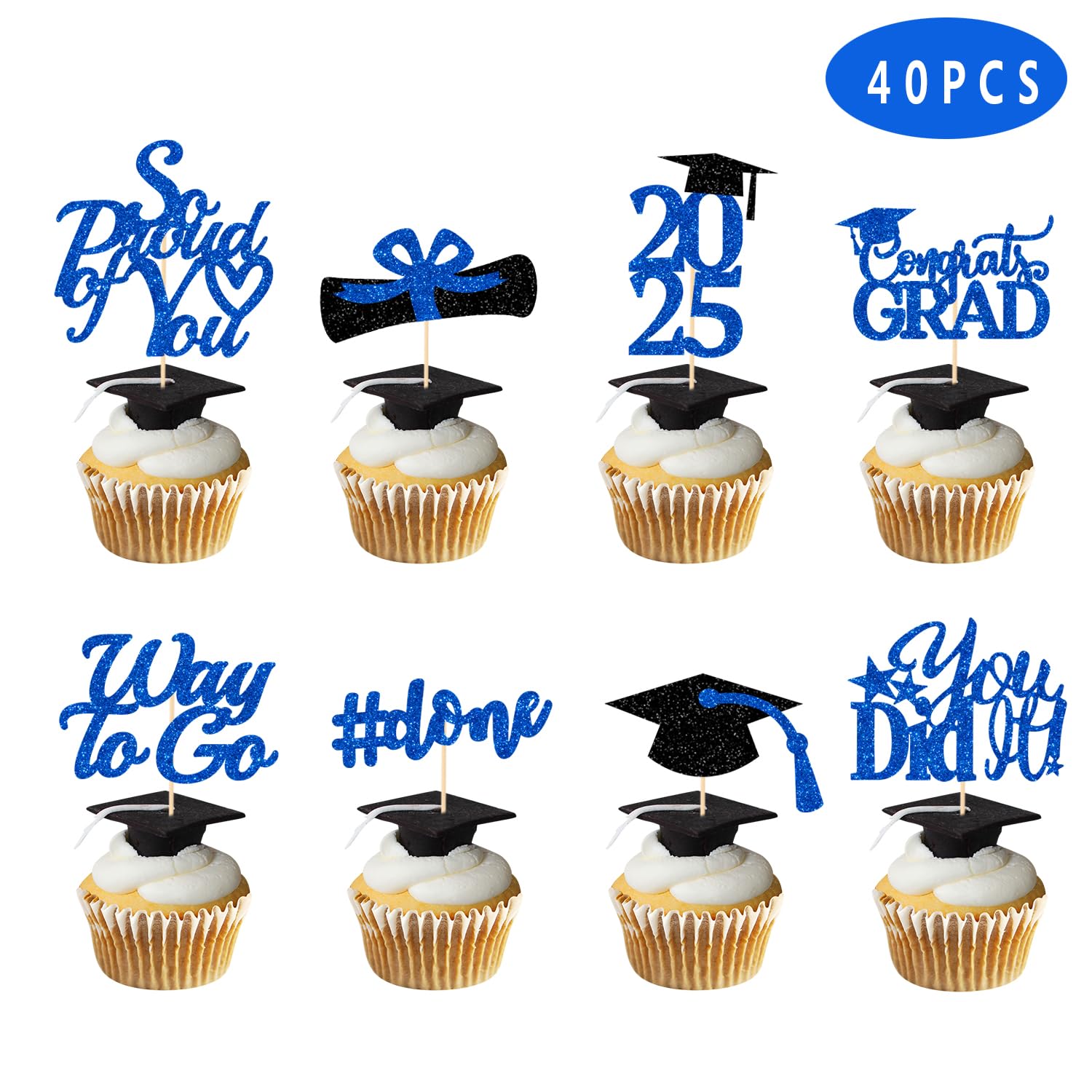 2025 Graduation Cupcake Toppers - Blue Glitter Class of 2025 Decorations, Grad Cap & Diploma Picks for Graduation Party Supplies (40Pcs) - Perfect for Graduation Cakes, Cupcakes, and Dessert Tables