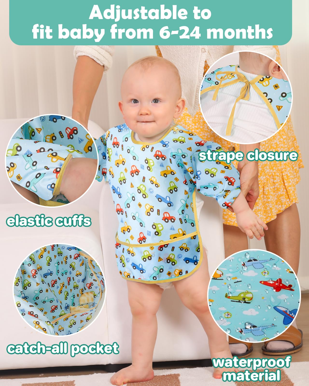 Lictin 3 Pack Baby Bibs for Boys & Girls - Waterproof Long Sleeve Toddler Bibs with Cute Designs - Perfect for Feeding, Mealtime & Messy Play