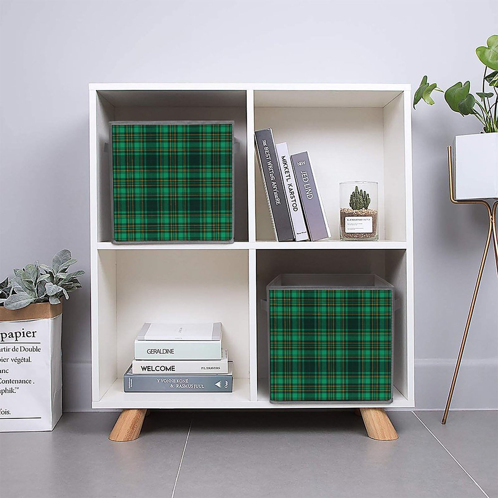 Green Scottish Tartan Plaid Fabric Storage Cubes - Pack of 2 Foldable Organizing Bins with Handles for Closet, Pantry, Shelf, Toy Storage & Home Organization | Perfect for Kids' Rooms, Dorm Rooms & Nursery Organization