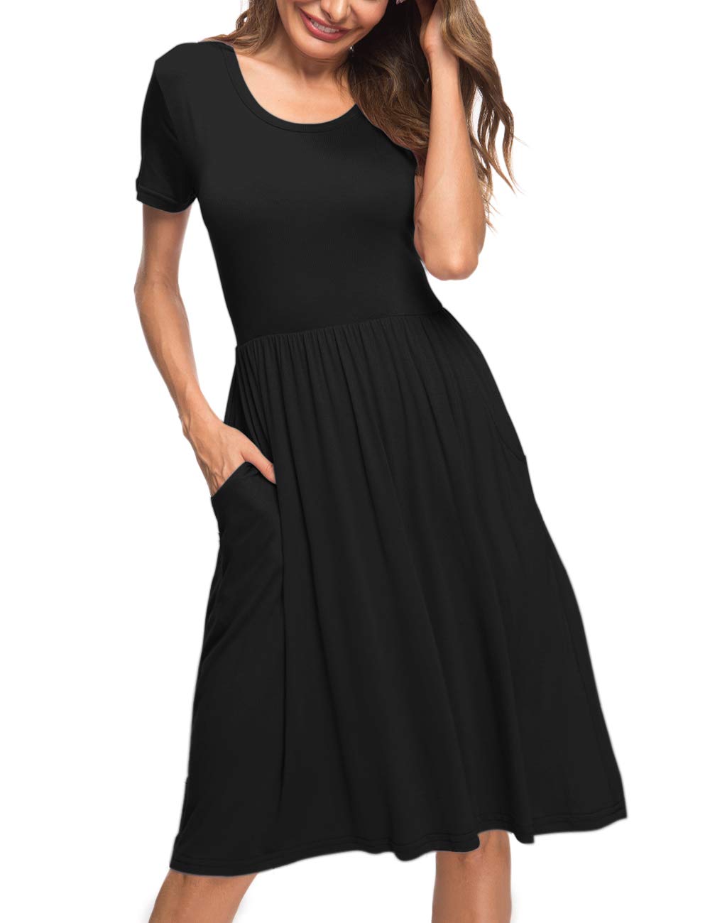 AUSELILY Women's Summer Short Sleeve Empire Waist Pleated Swing Dress - Knee Length Loose Fit with Pockets | Casual Wear, Beach Cover Up, Vacation Outfit 2025 New