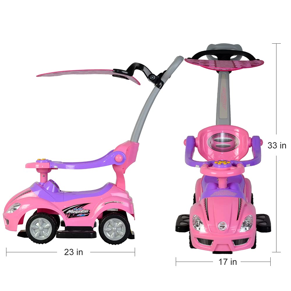 3-in-1 Pink Toddler Push Car with Removable Canopy, Handle, Horn & Music - Ride-On Toy for Kids 1-3 Years | Indoor & Outdoor Play, Birthday Gifts, Park Adventures