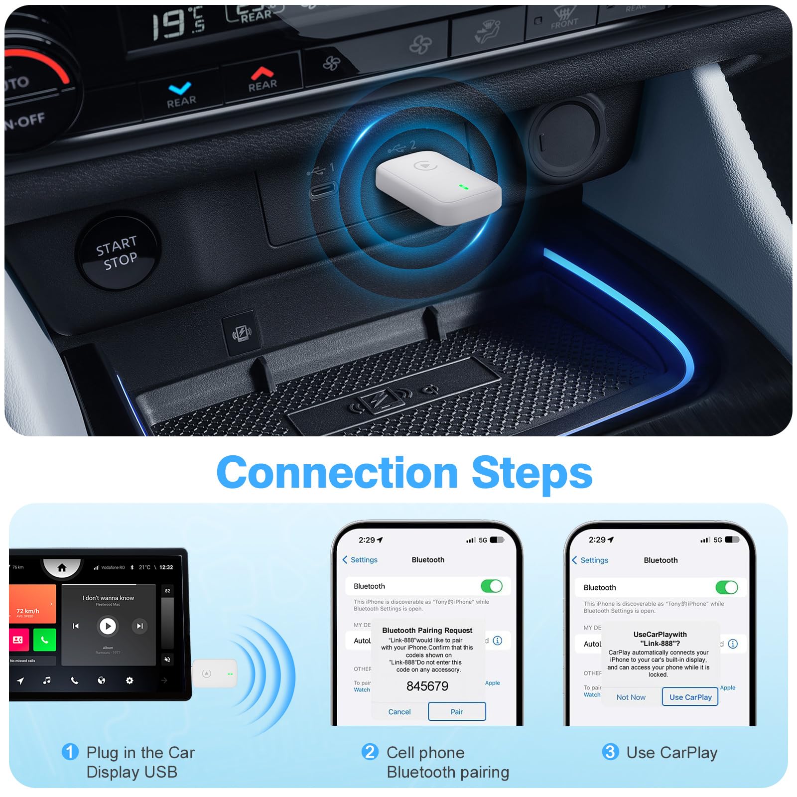 Wireless CarPlay Adapter for iPhone 2025 - Convert Wired to Wireless CarPlay Dongle - Mini USB & USB-C/Type-C Adapter with Extension Cable - White - Perfect for Seamless iPhone Connectivity in Car