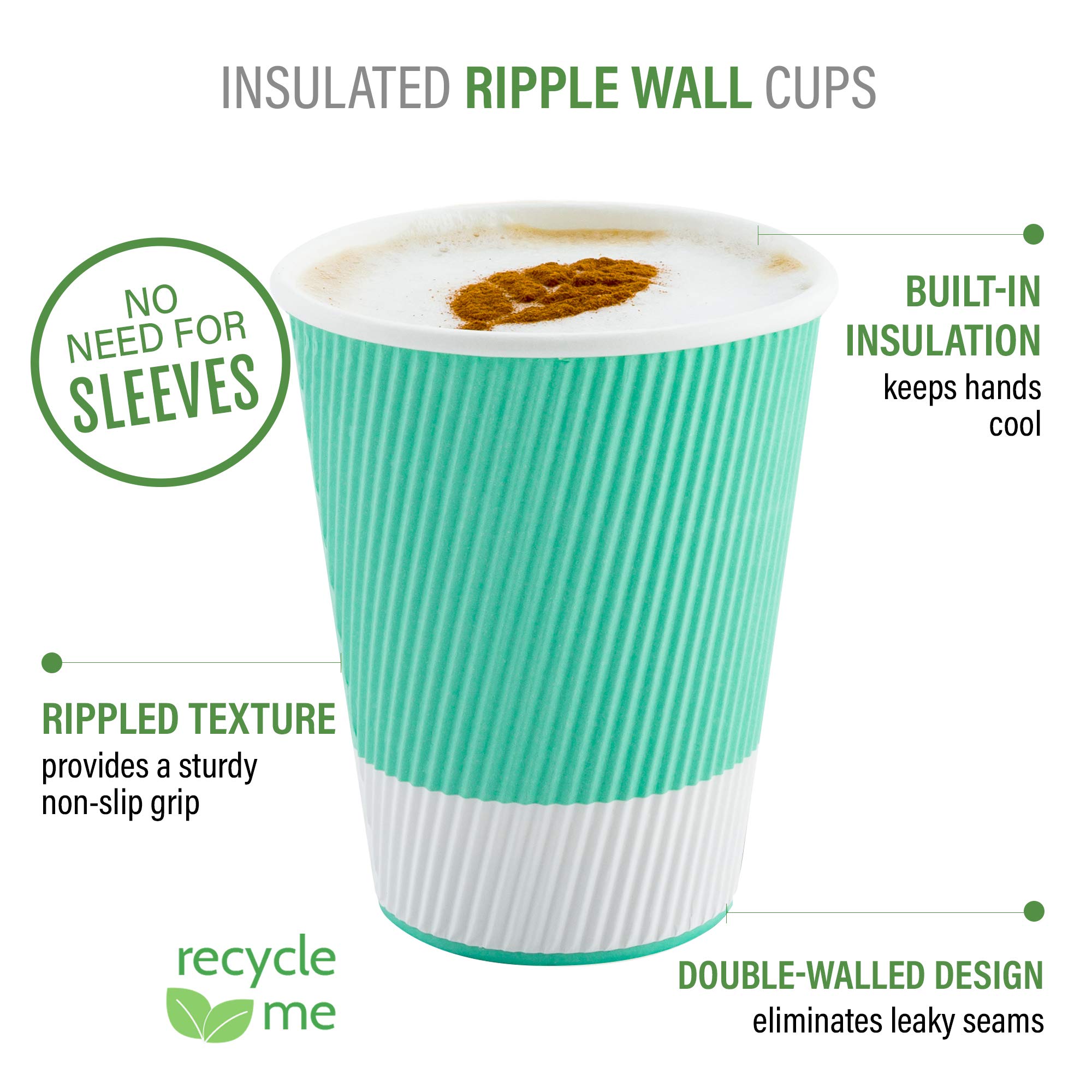 8oz Disposable Paper Coffee Cups - 25 Pack Leakproof Ripple Wall Hot Cups, Eco-Friendly Recyclable Light Green Insulated Paper Cups - Perfect for Coffee Shops, Offices, and Home Use (Lids Sold Separately)