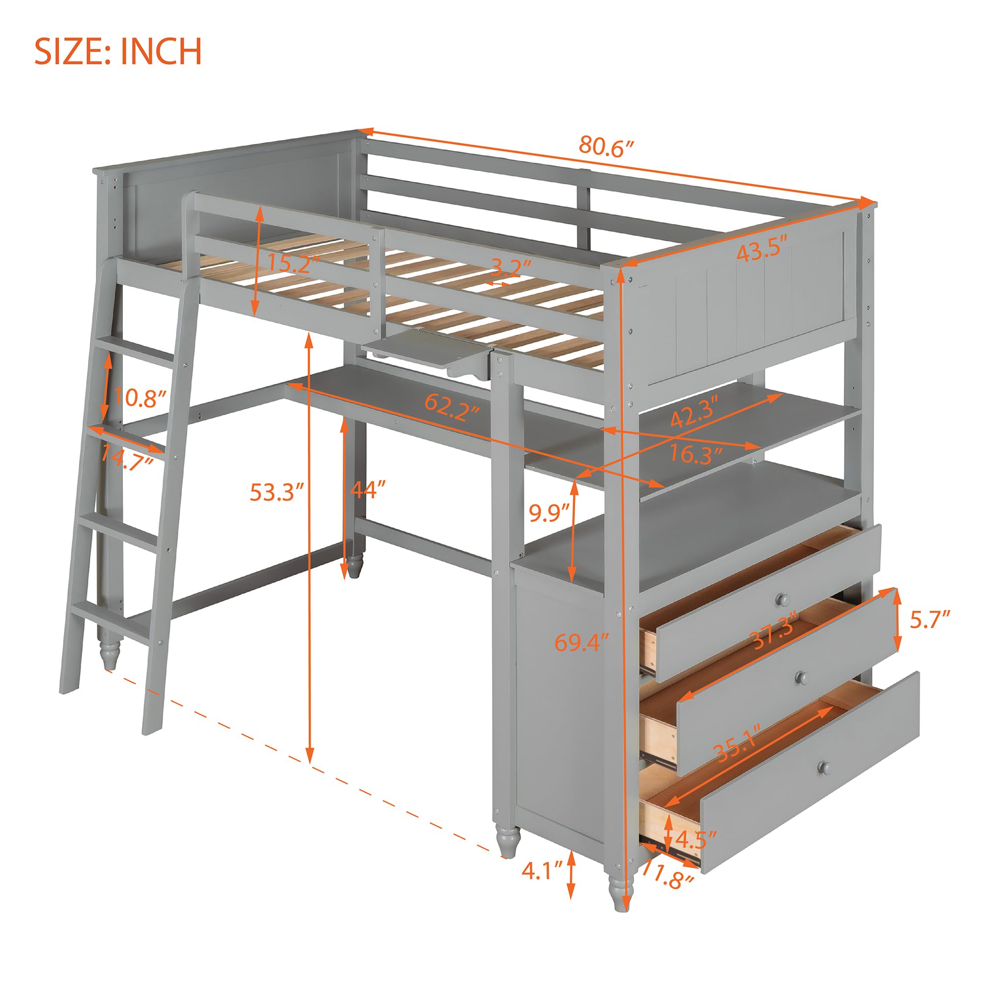 Twin Size Wooden Loft Bed Frame with Drawers, Desk & Shelves - Space-Saving Bunk Bed for Kids, Teens & Adults - Sturdy Gray Storage Loft Bed for Small Rooms, Dorms & Apartments - Perfect for Study, Sleep & Organization