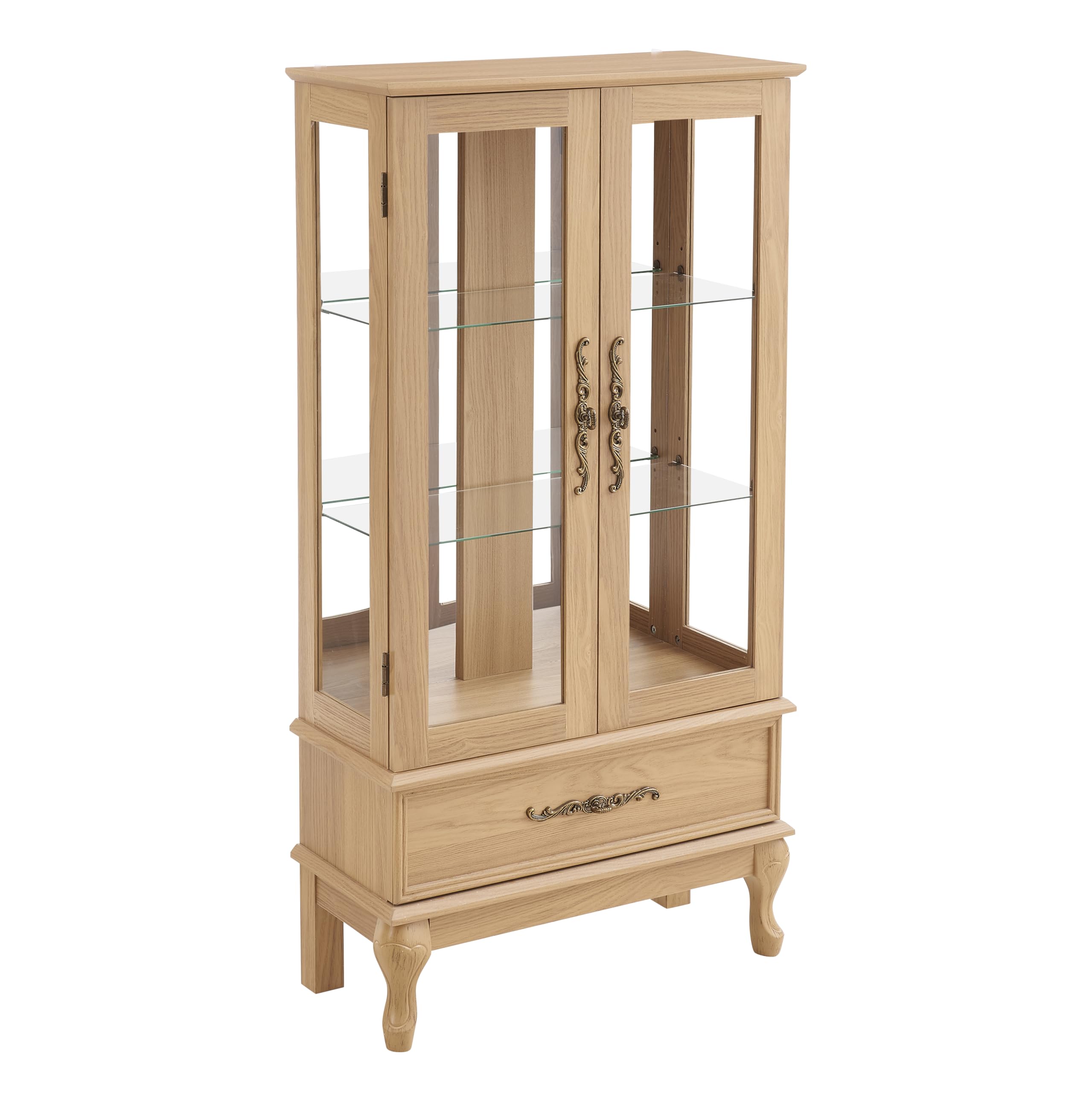Lighted Glass Curio Cabinet with Adjustable Shelves - 2 Door Oak Display Cabinet with Drawer & Bulb Included - Perfect for Wine Storage, China Showcase & Living Room Decor
