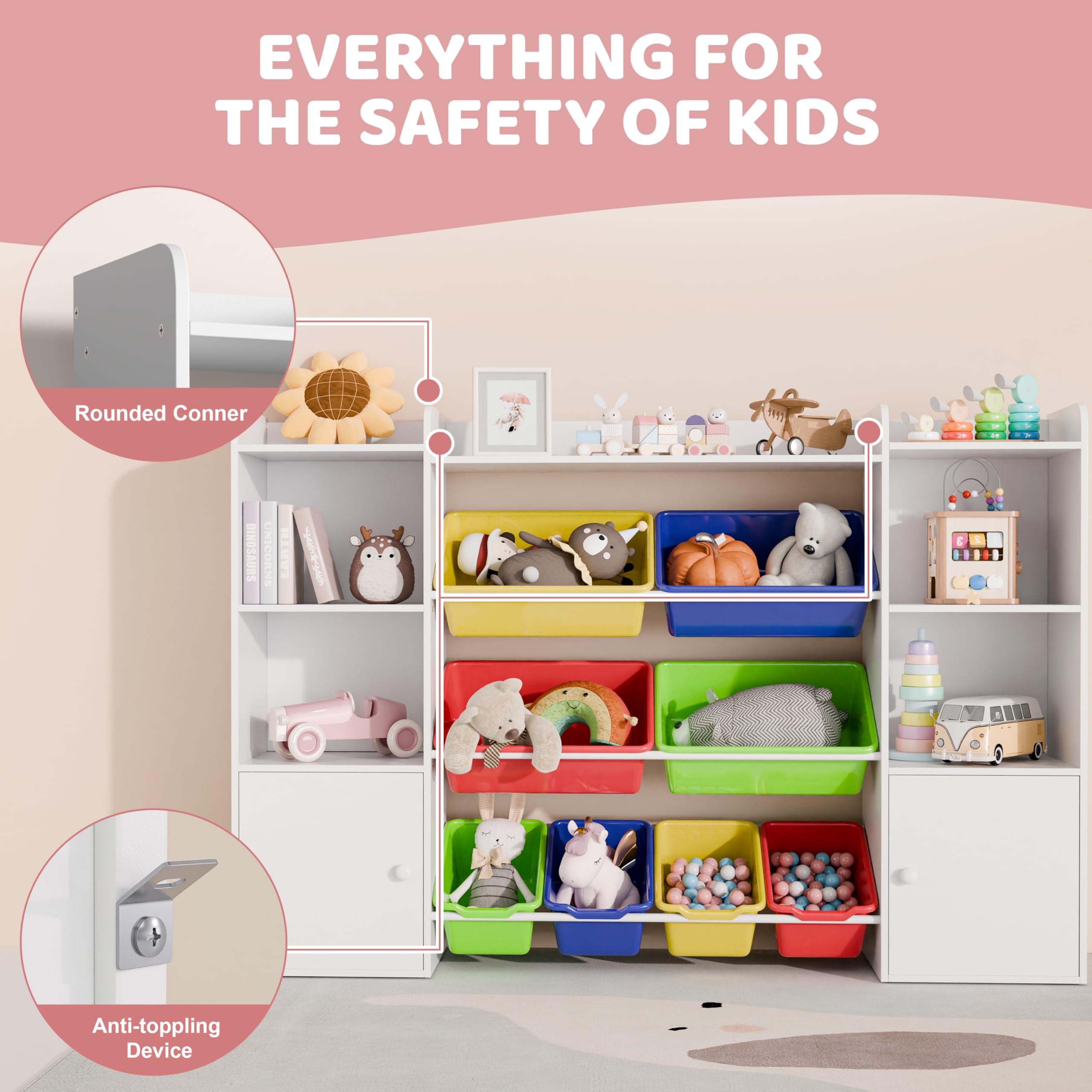 Xilingol 8-Bin Kids Toy Storage Organizer with Removable Bins, 4-Tier Bookshelf & 6-Cubby Toy Organizer for Playroom, Bedroom, Classroom - Perfect for Organizing Toys, Books & Games in Kids Rooms & Daycare Centers