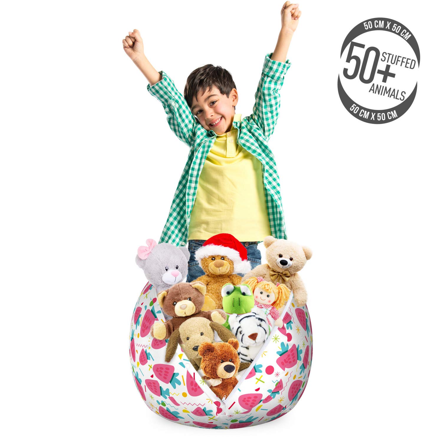 Ambesonne Strawberry Themed Toy Storage Bag Chair - Doodle Zigzags, Circles & Fruits Pattern - Washable Stuffed Animal Organizer - Small Size in Pink, Seafoam & White | Perfect for Kids' Room, Playroom & Nursery Organization