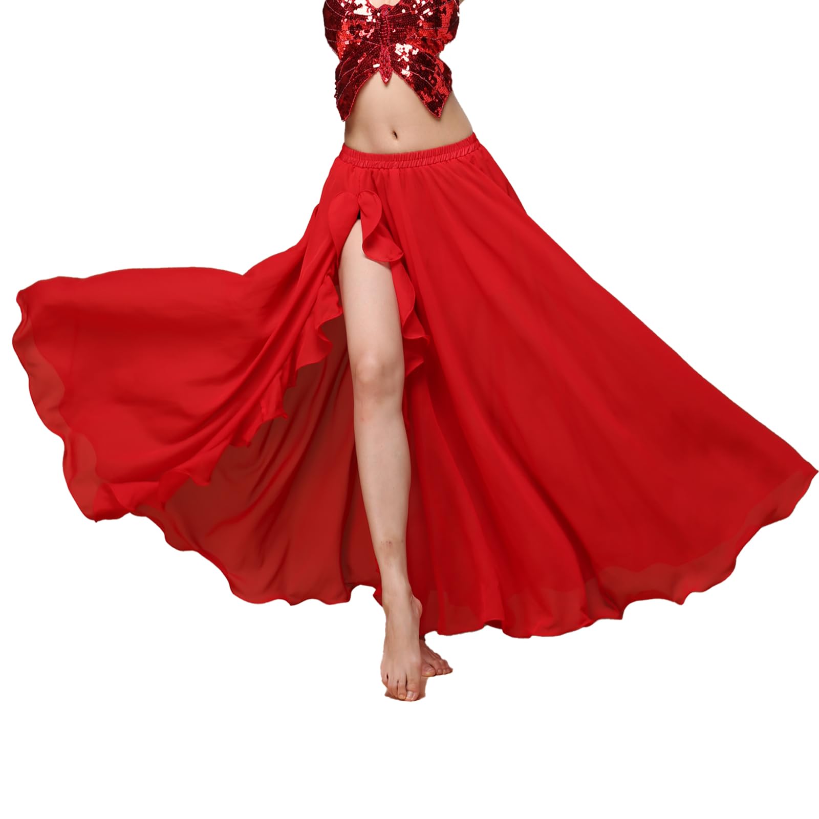 Baisdan Long Chiffon Belly Dance Skirt with High Slit - Large Swing Skirt for Dance Practice, Performances, and Studio Sessions