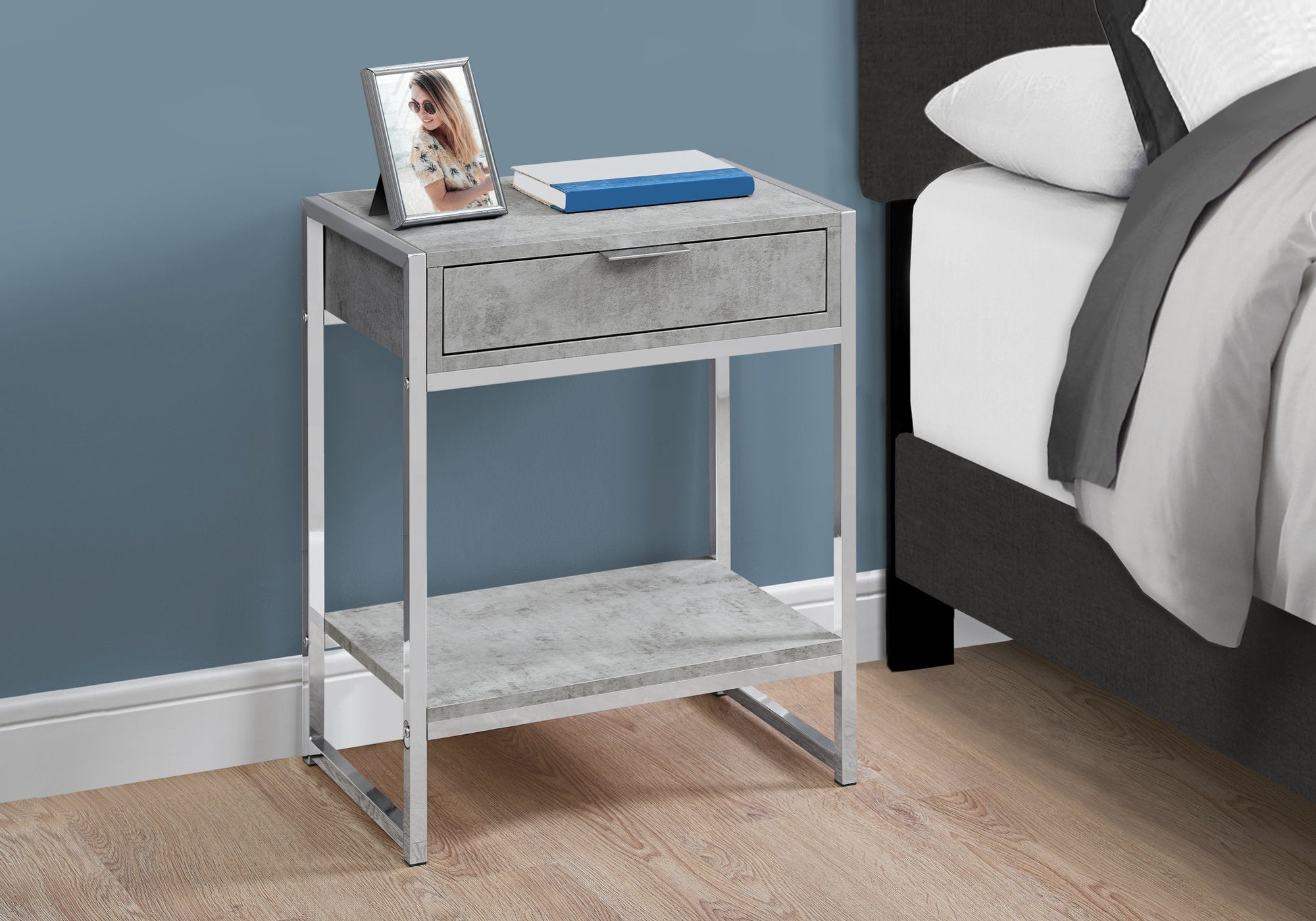 Modern Accent Table - 24 Inch Round Side Table in Grey Cement Finish with Chrome Metal Base | Perfect for Living Room, Bedroom, or Office Decor