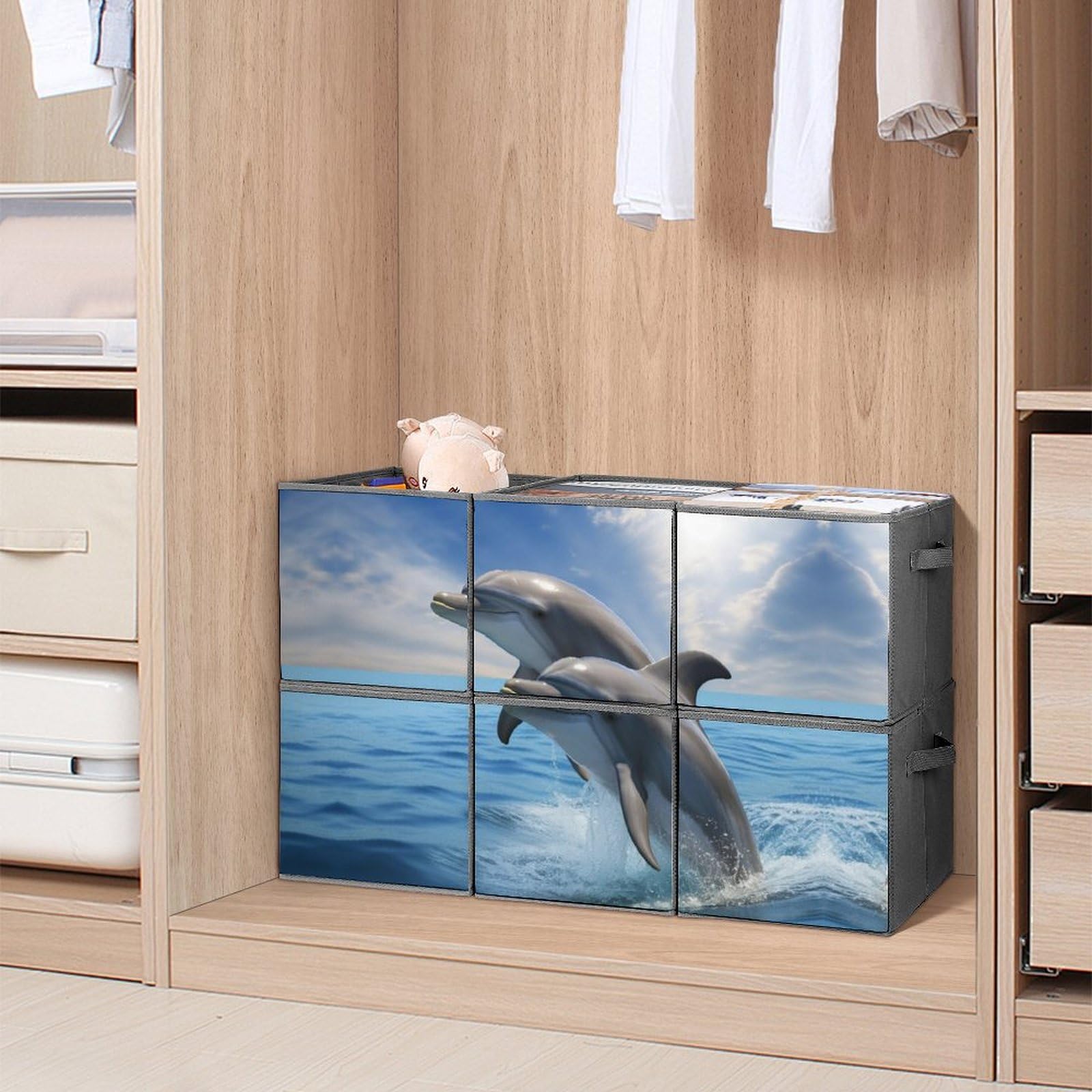 6-Pack Collapsible Storage Bins with Handles - Two Dolphins Foldable Storage Baskets for Closet Organization, Clothing Storage & Home Decor | Perfect for Bedroom, Nursery, Office & Laundry Room
