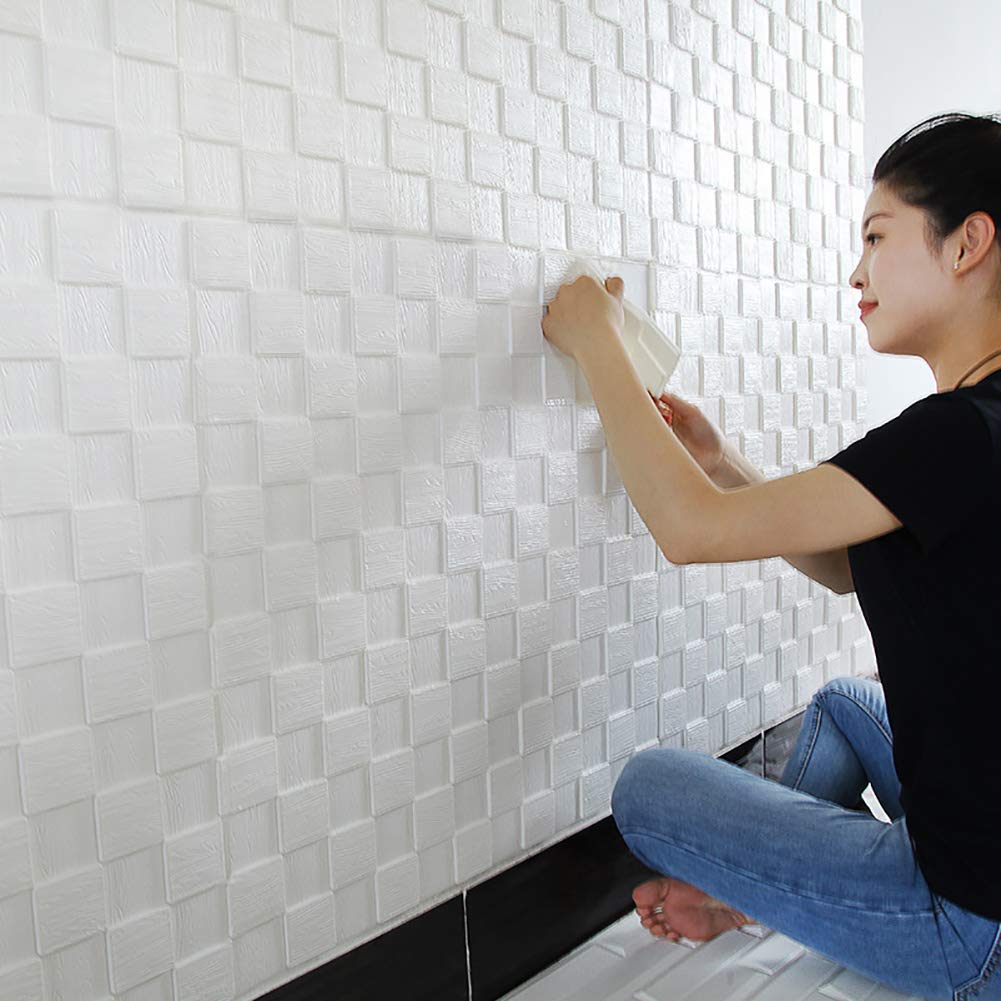 XueMing 3D Brick Wall Panels - Self-Adhesive Peel and Stick Wallpaper (10 Pack, White) for DIY Home Decor, TV Wall & Sofa Background - Easy Installation Removable Wall Stickers for Living Room, Bedroom, Office