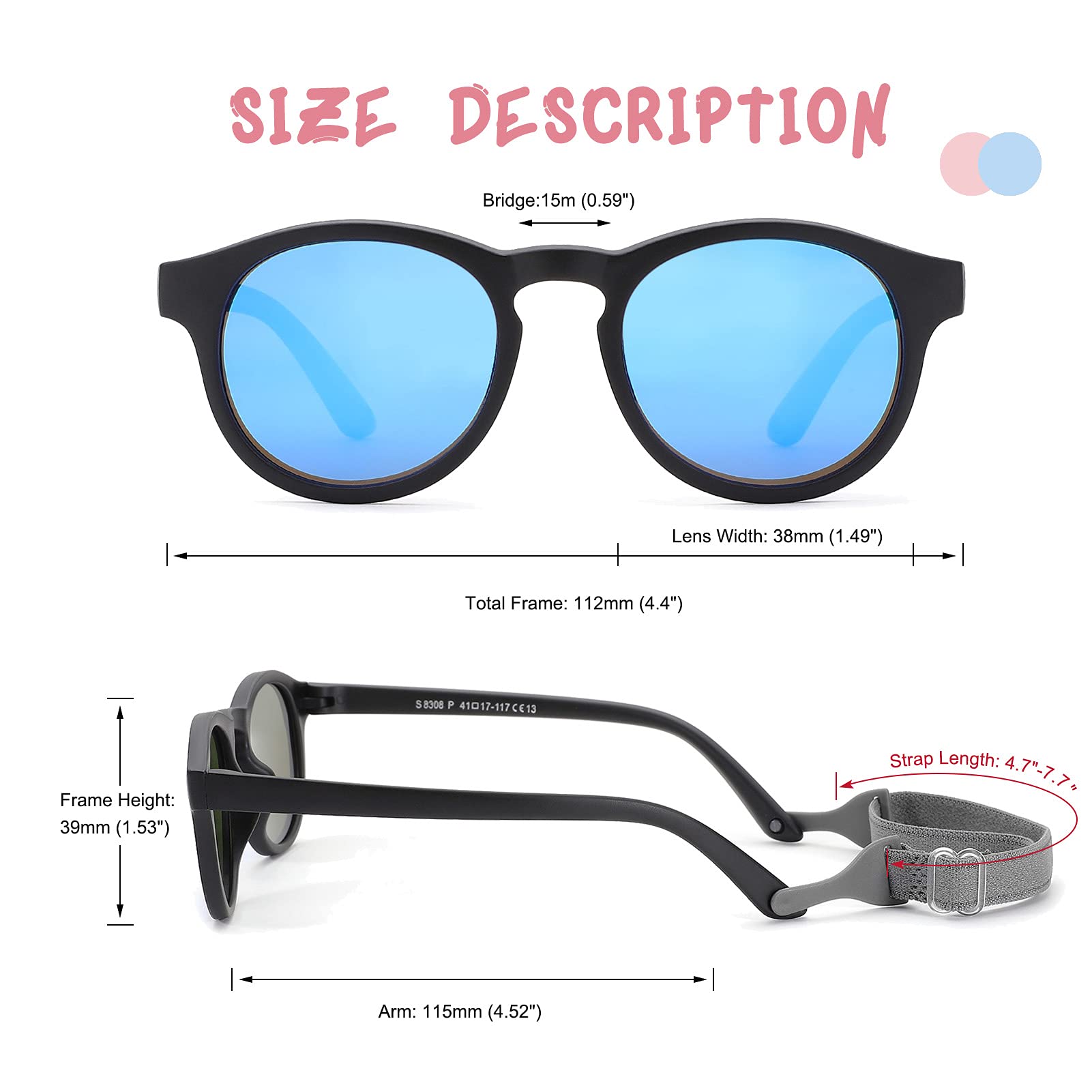 COASION Baby Sunglasses for 0-2 Years - UV400 Polarized, Flexible Round Frame with Adjustable Strap - Perfect for Beach, Outdoor Play & Car Rides