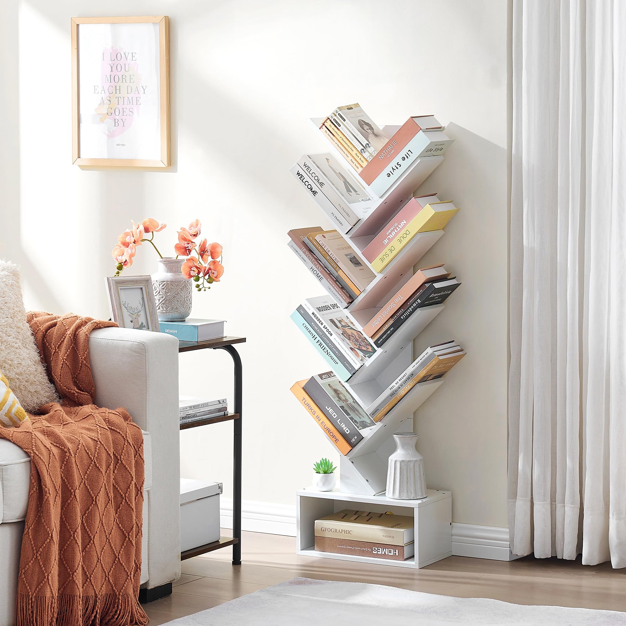 Tajsoon 9 Tier Tree Bookcase with Drawer - Wooden Bookshelf Organizer for CDs, Books, Movies - Storage Rack for Bedroom, Living Room & Home Office - White - Perfect for Small Spaces & Book Lovers