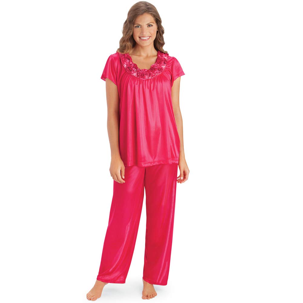 Collections Etc Women's Rose Trim Short Sleeve Pajama Set - Soft Sleepwear for Cozy Nights & Relaxing at Home