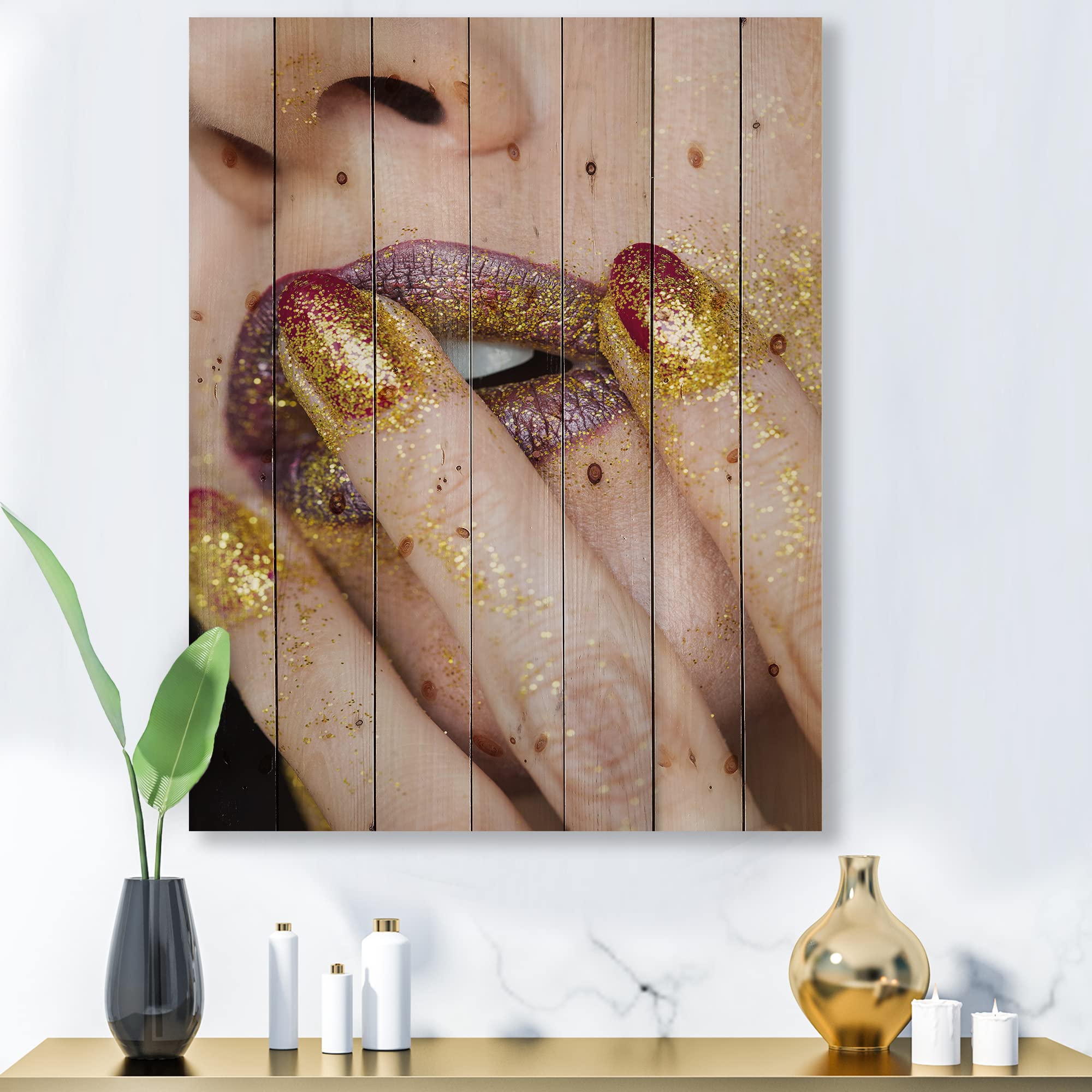 Golden Glitter Lipstick Wood Wall Art - Modern Pine Decor for Living Room
