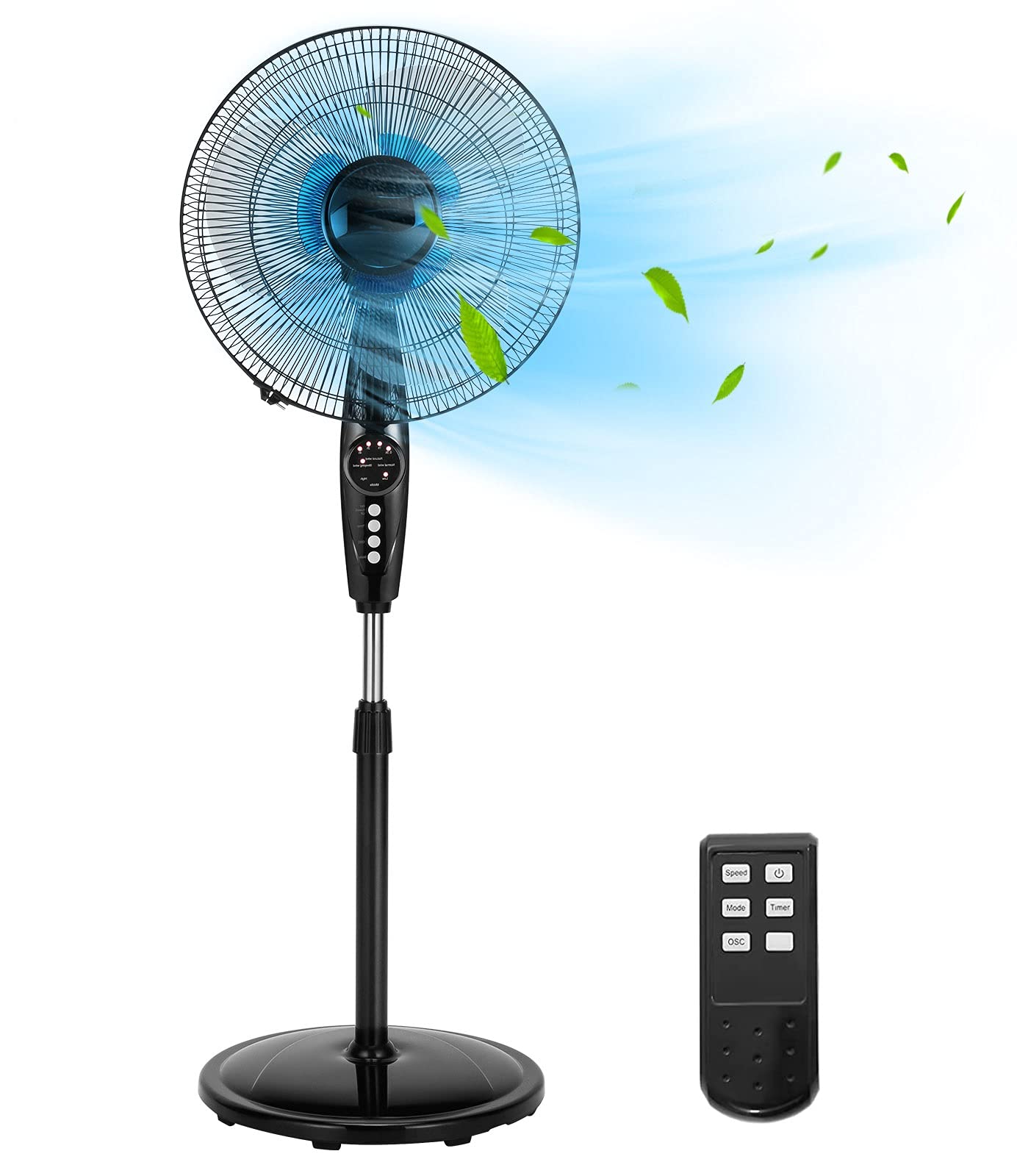 Happygrill 18 Inch Quiet Oscillating Pedestal Fan with Remote Control - 3-Speed Adjustable Standing Fan with Timer & LCD Display - Height Adjustable for Home, Office, Bedroom, Living Room & Outdoor Use