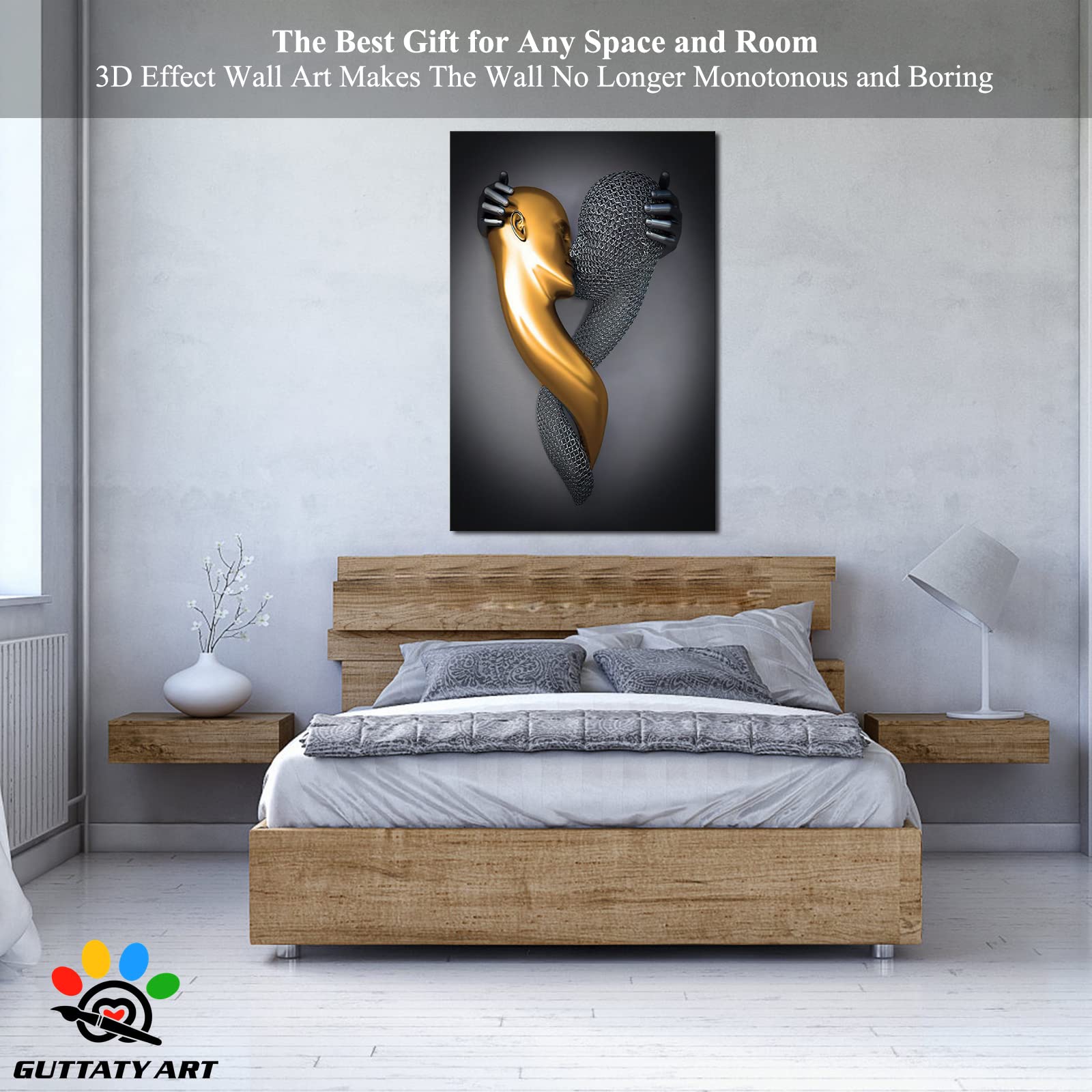 3D Metal Effect Love Heart Gray Canvas Wall Art - Romantic Kissing Couple Painting for Bedroom & Living Room Decor - Modern Valentine's Day Gift for Couples (32x48 Inches) - Perfect for Anniversary, Wedding, or Home Decoration