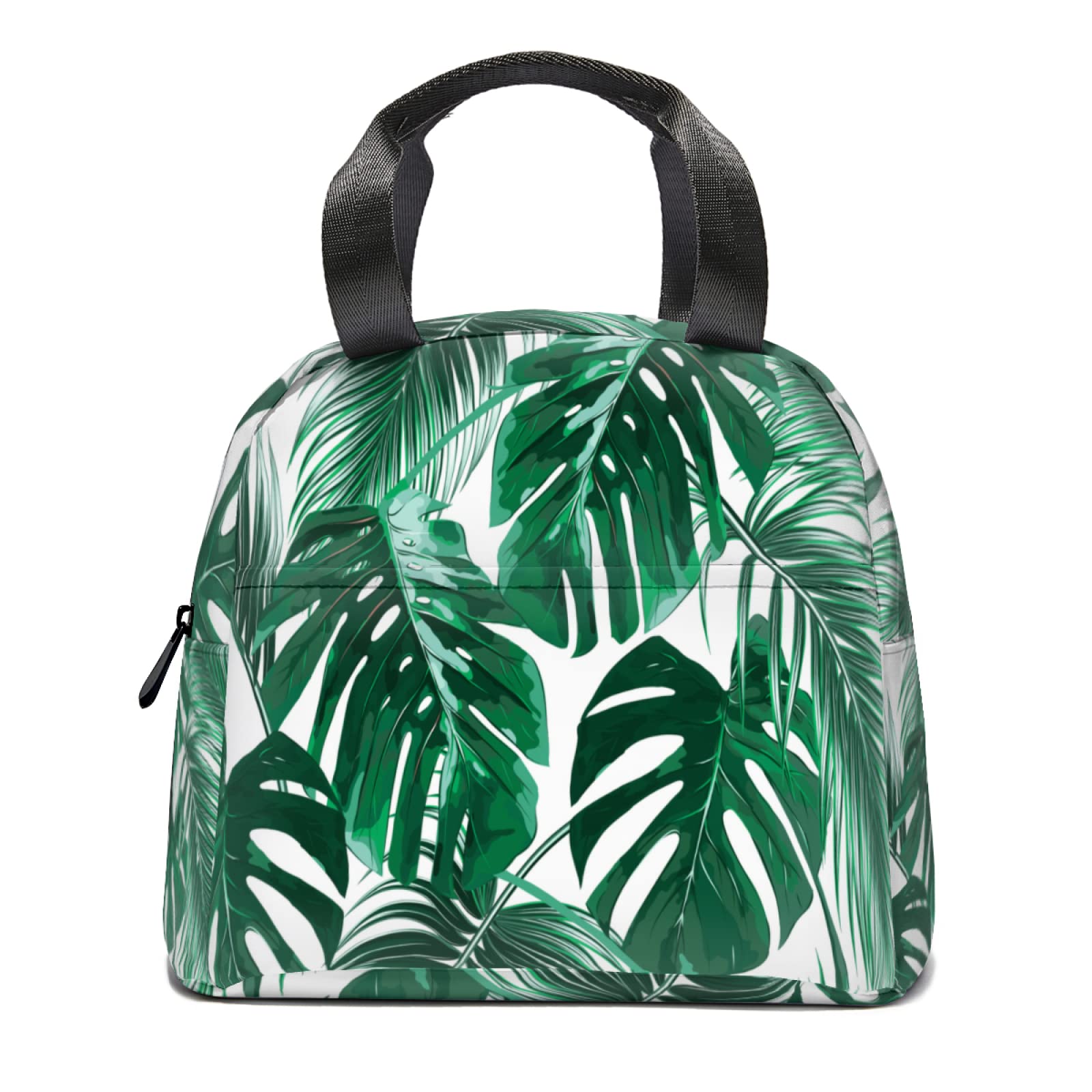 Eco-Friendly Palm Leaf Print Insulated Lunch Tote Bag - Reusable Thermal Lunch Box with Front Pocket for Women & Men | Perfect for School, Office, Picnic & Beach Outings