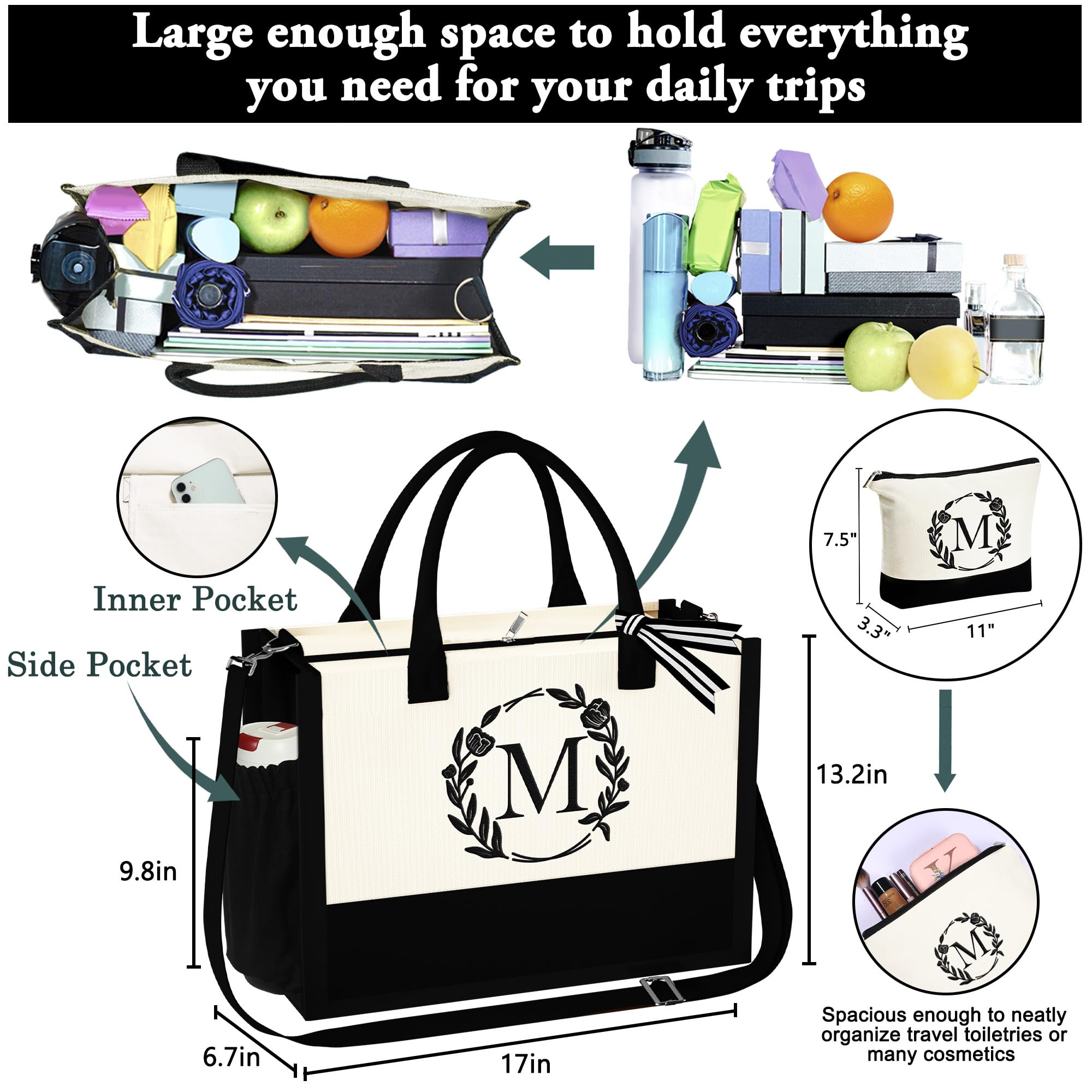 Personalized YOOLIFE Monogram Canvas Tote Bag with Zipper - Custom Beach Bag, Makeup Pouch & Gift for Women (Perfect for Mother's Day, Birthday, Travel & Shopping)