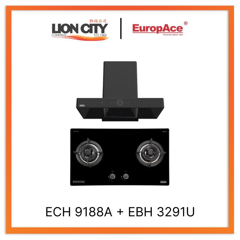 Europace ECH9188A 90CM Premium T Chimney Range Hood & EBH3291U OTIMMO 2-Burner 90CM Stainless Steel Built-In Gas Cooktop - Perfect for Modern Kitchens and Professional Cooking